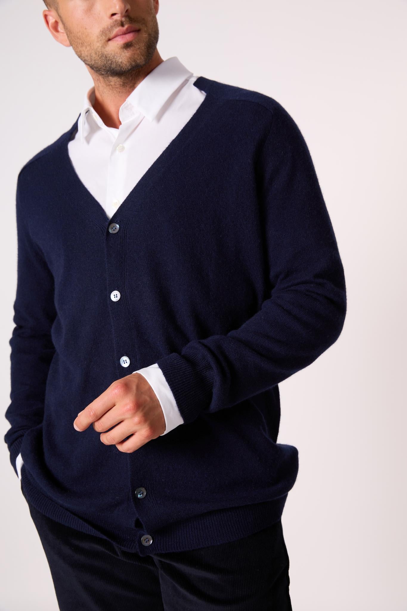 HAYFIELD cardigan col v navy 100% cachemire