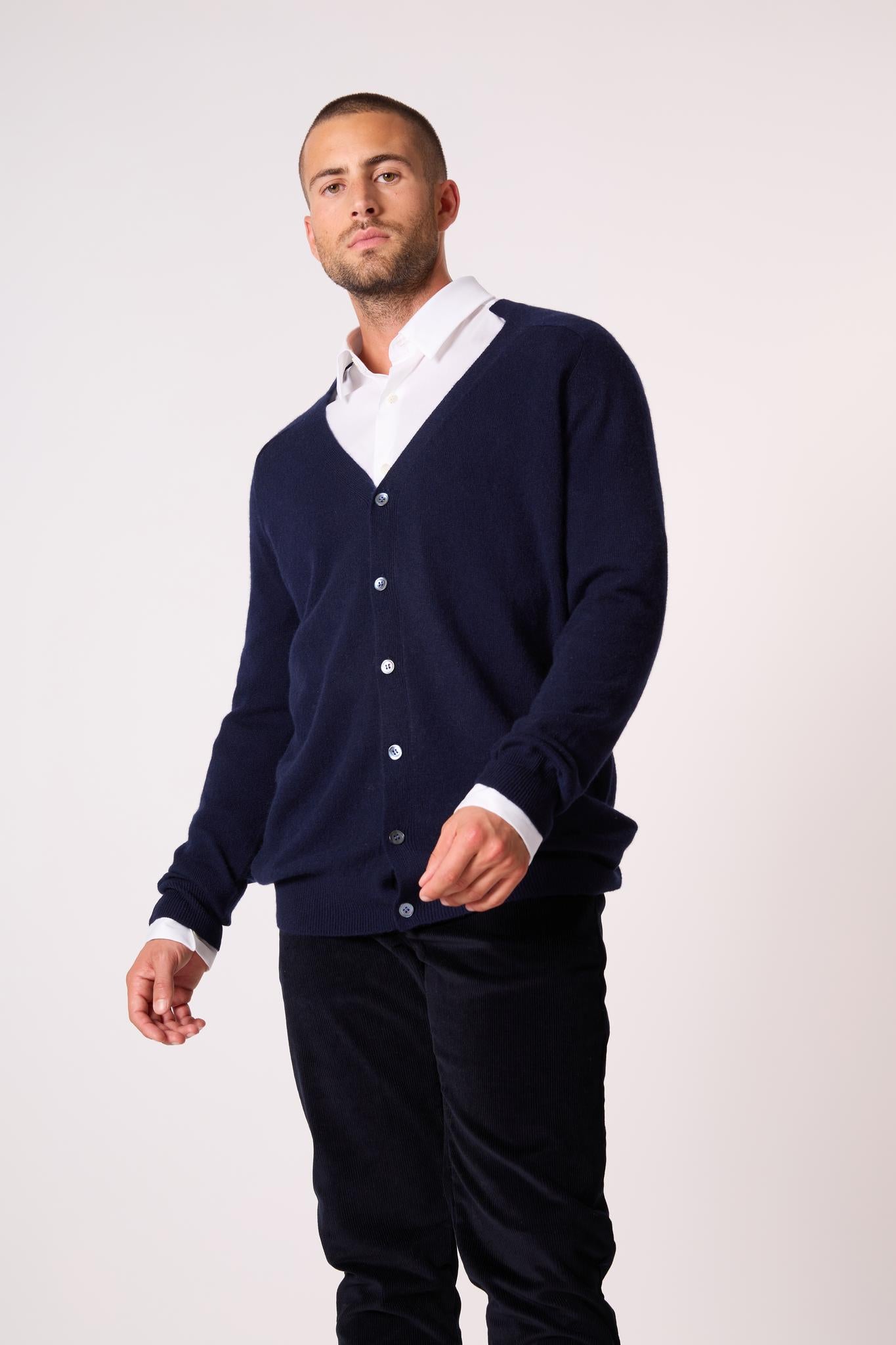 HAYFIELD cardigan col v navy 100% cachemire
