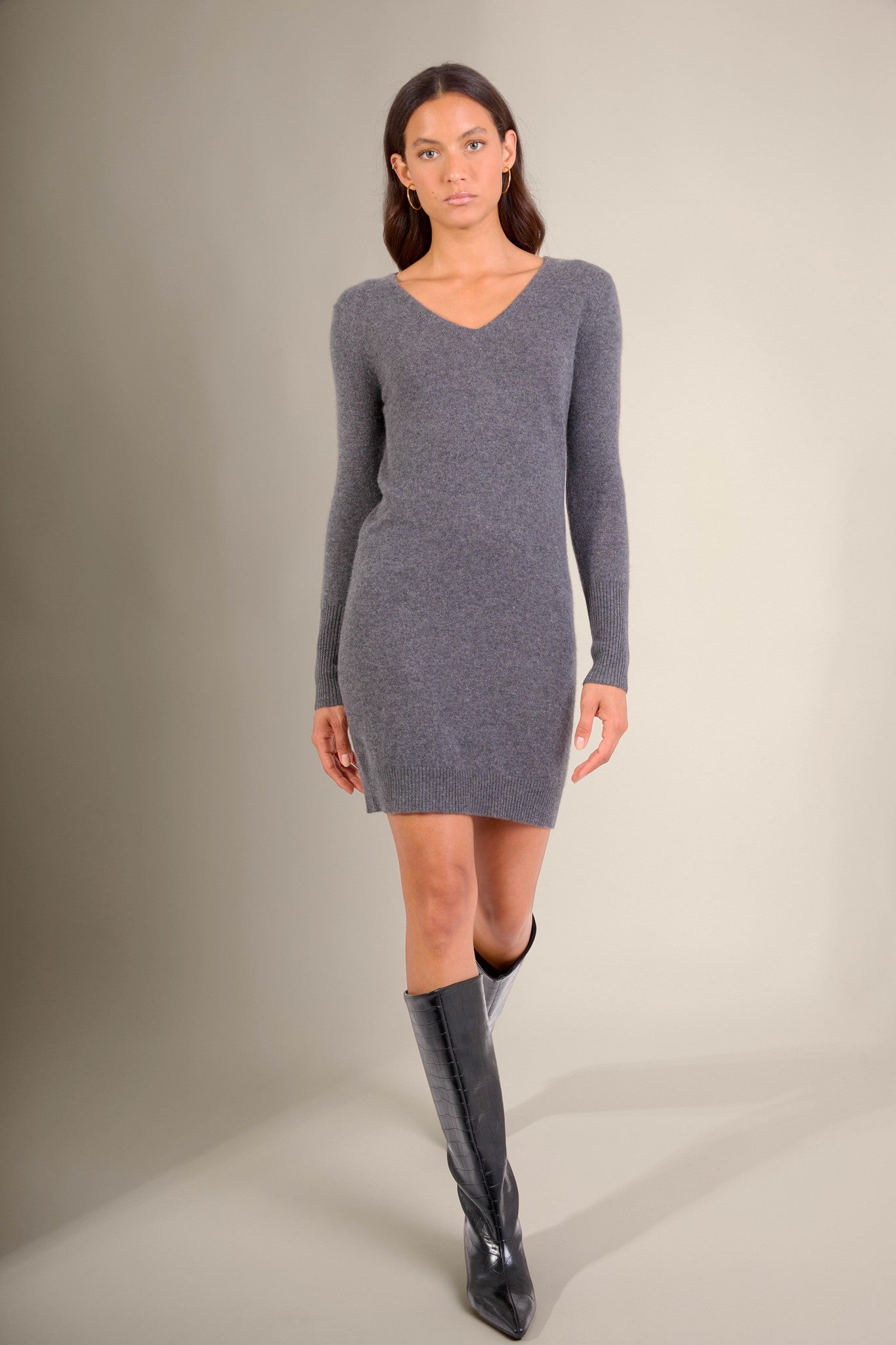 joy robe col v anthracite chiné 100% cachemire