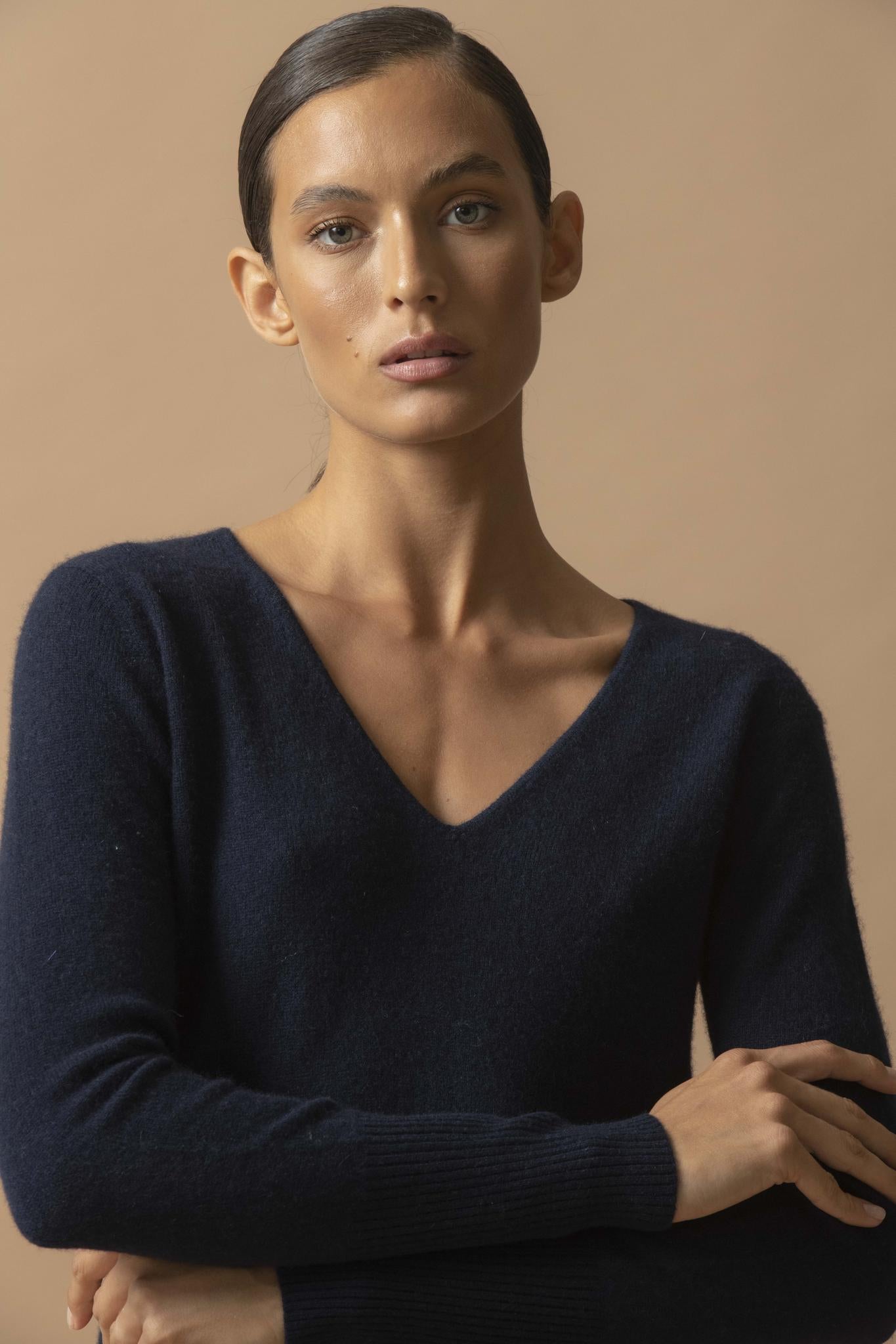 JOY robe col v navy 100% cachemire