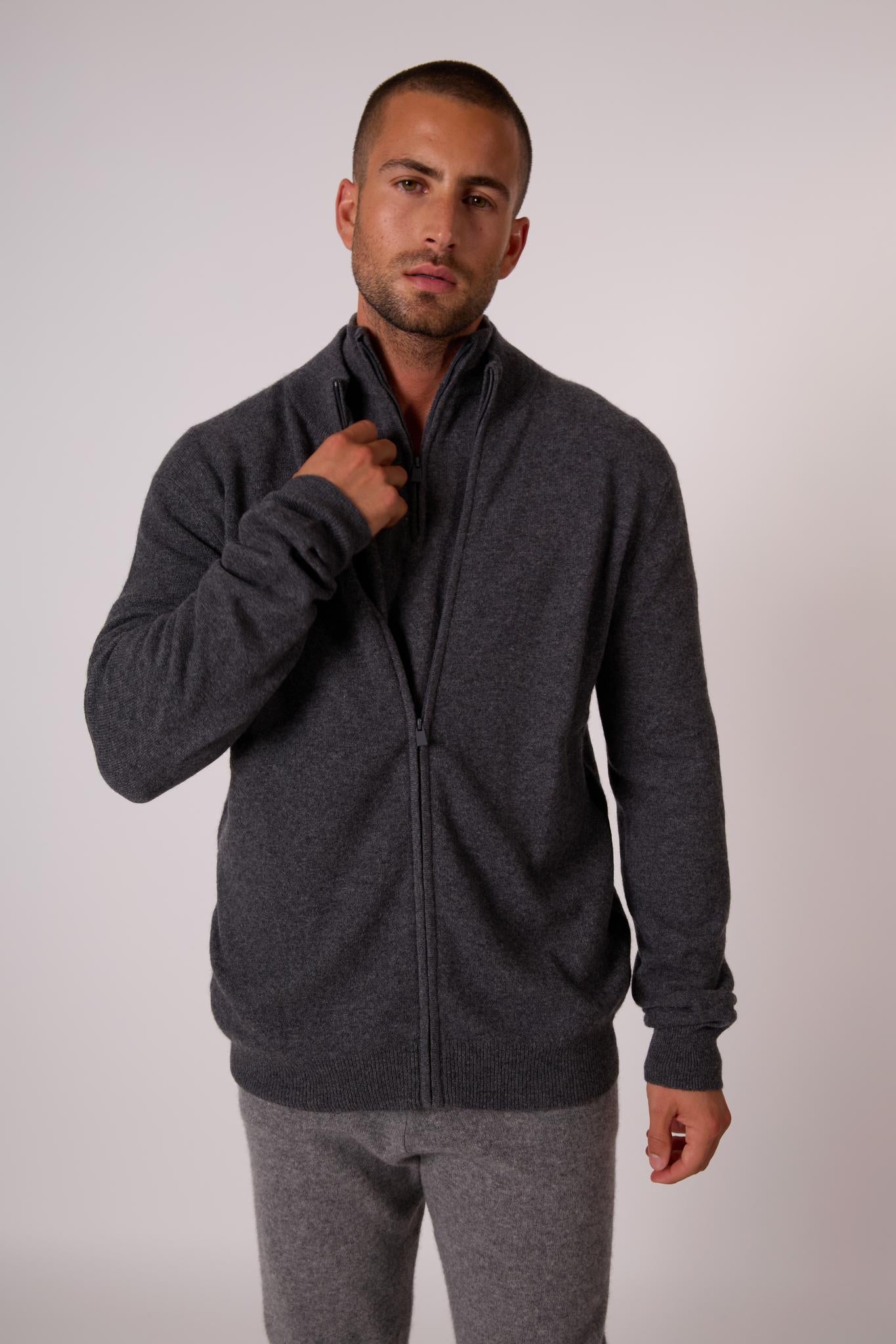 JULES gilet zippé col montant anthracite chiné 100% cachemire