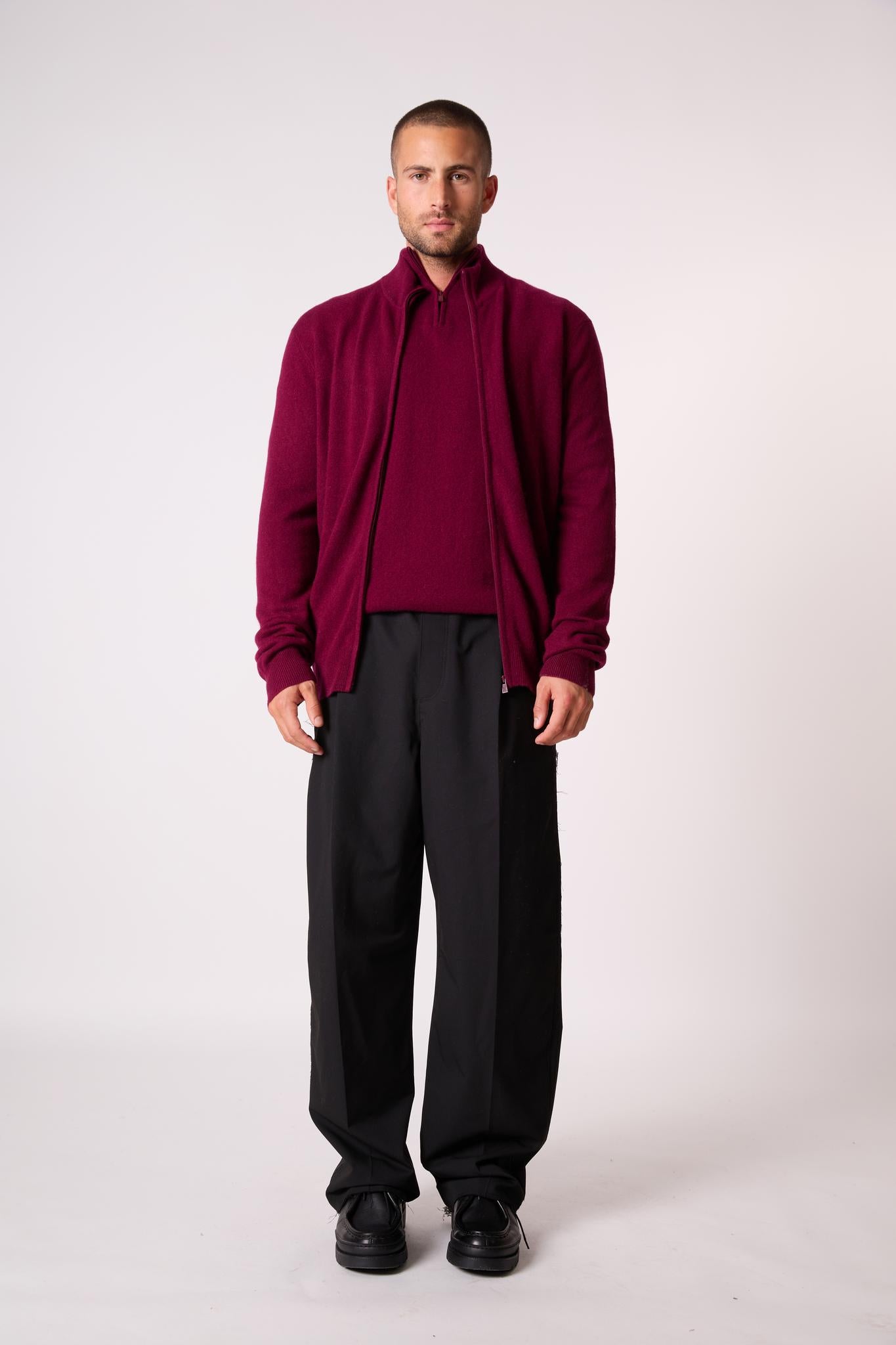 JULES gilet zippé col montant bordeaux 100% cachemire