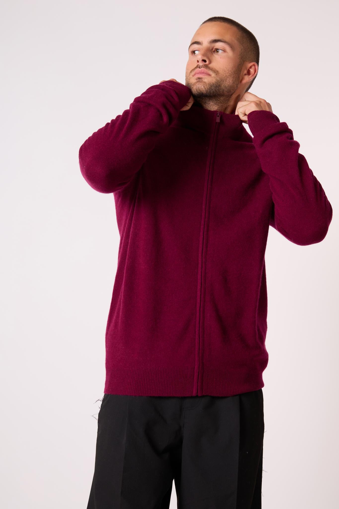 JULES gilet zippé col montant bordeaux 100% cachemire