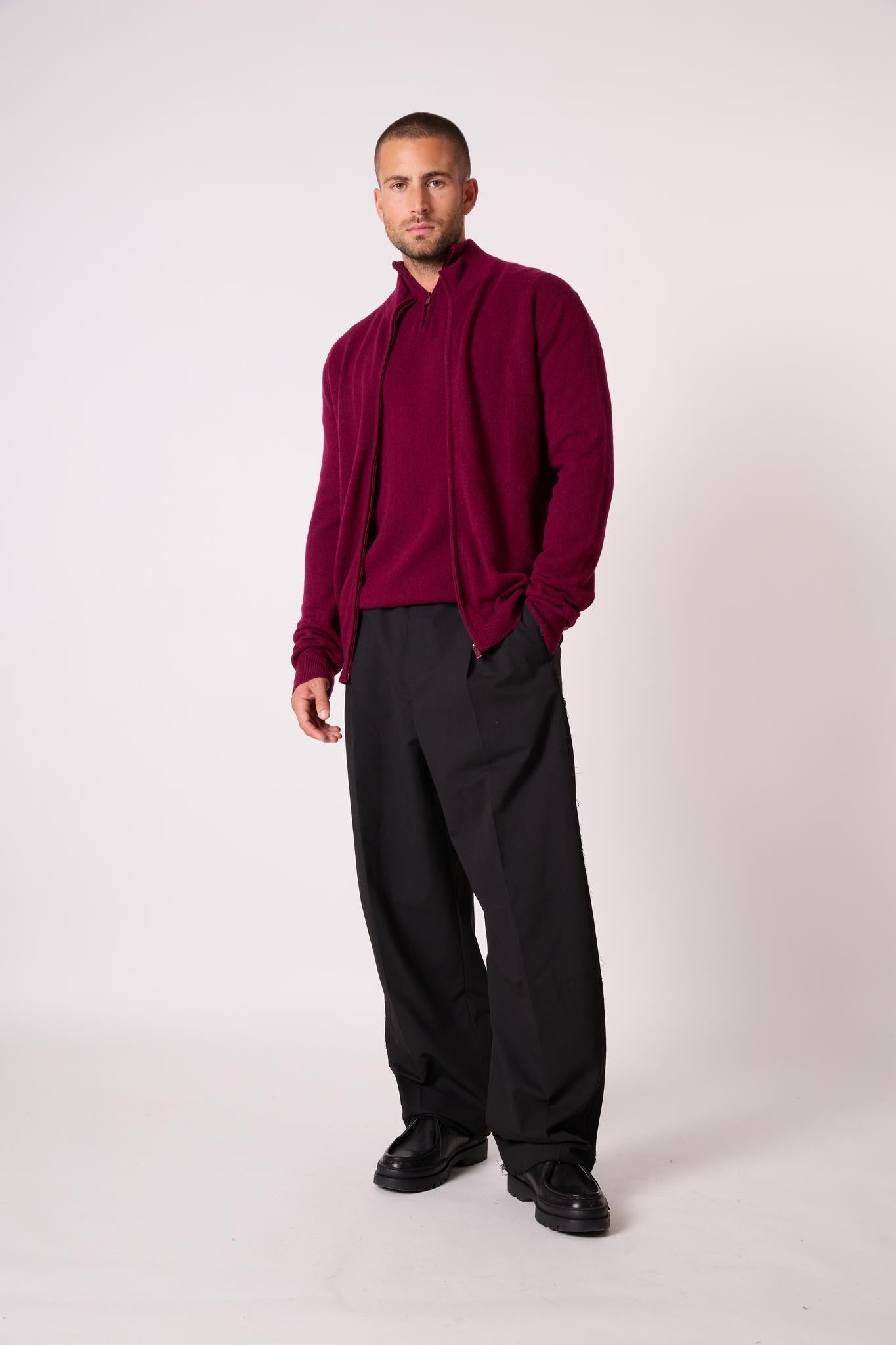 JULES gilet zippé col montant bordeaux 100% cachemire