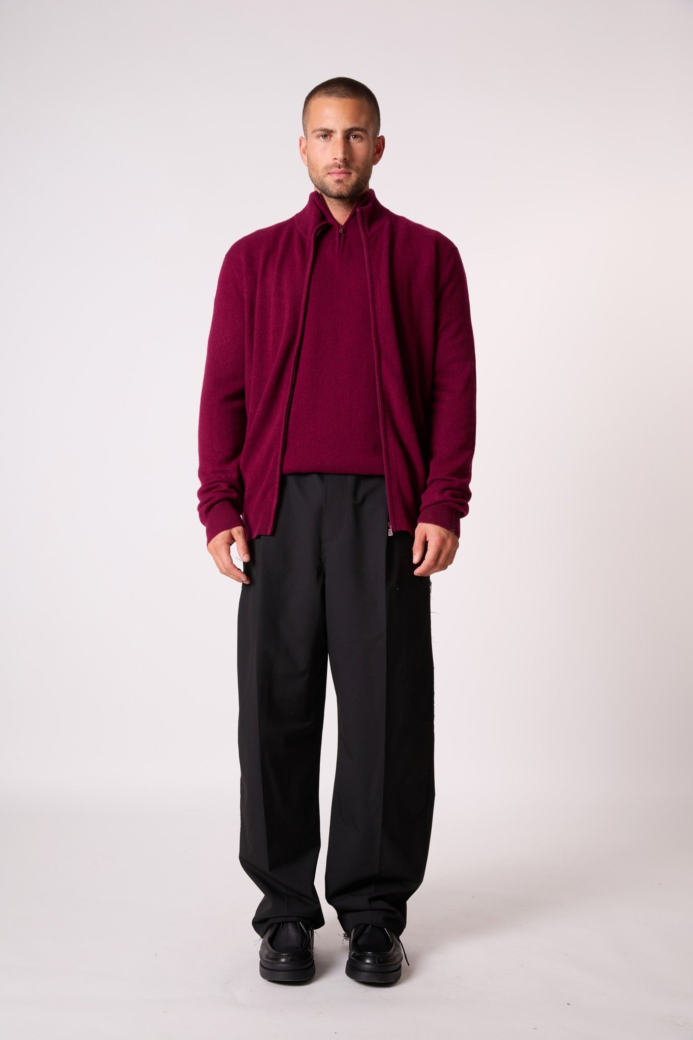 jules gilet zippé col montant bordeaux 100% cachemire