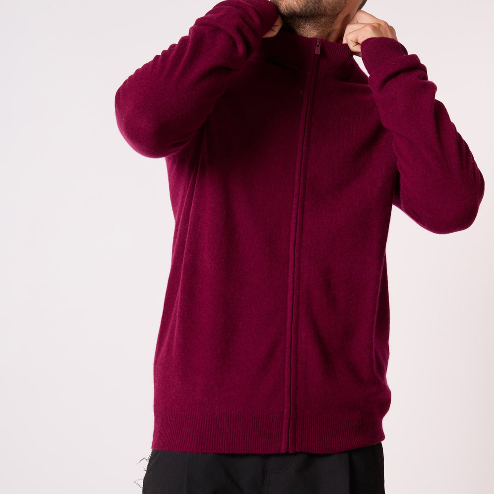 jules gilet zippé col montant bordeaux 100% cachemire