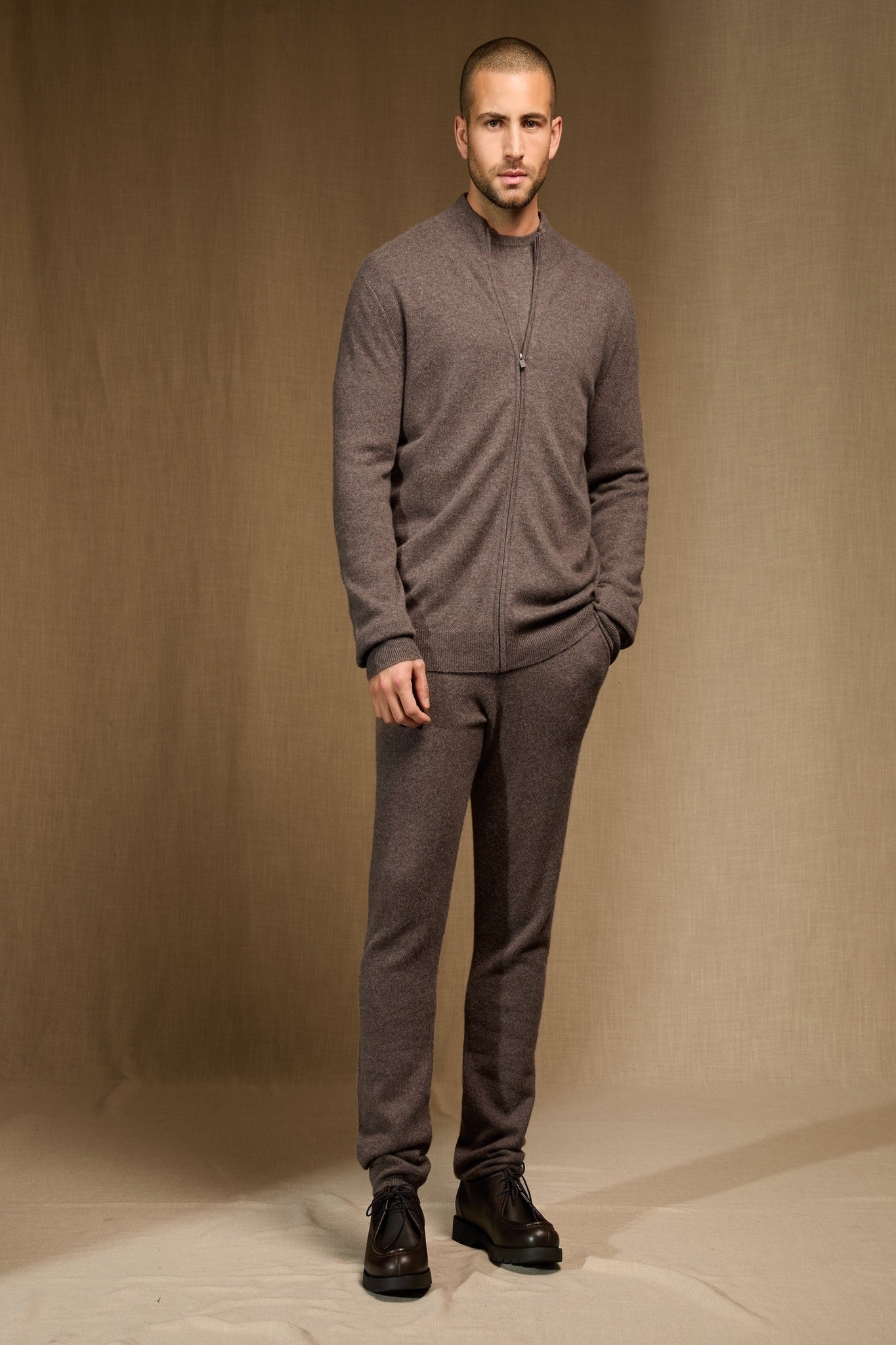 jules gilet zippé col montant taupe chiné 100% cachemire