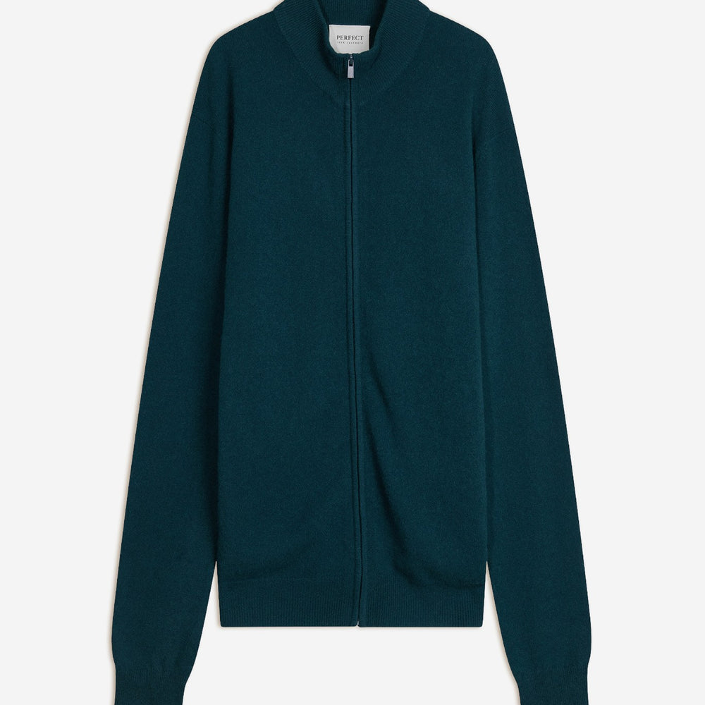 jules gilet zippé col montant vert canard 100% cachemire