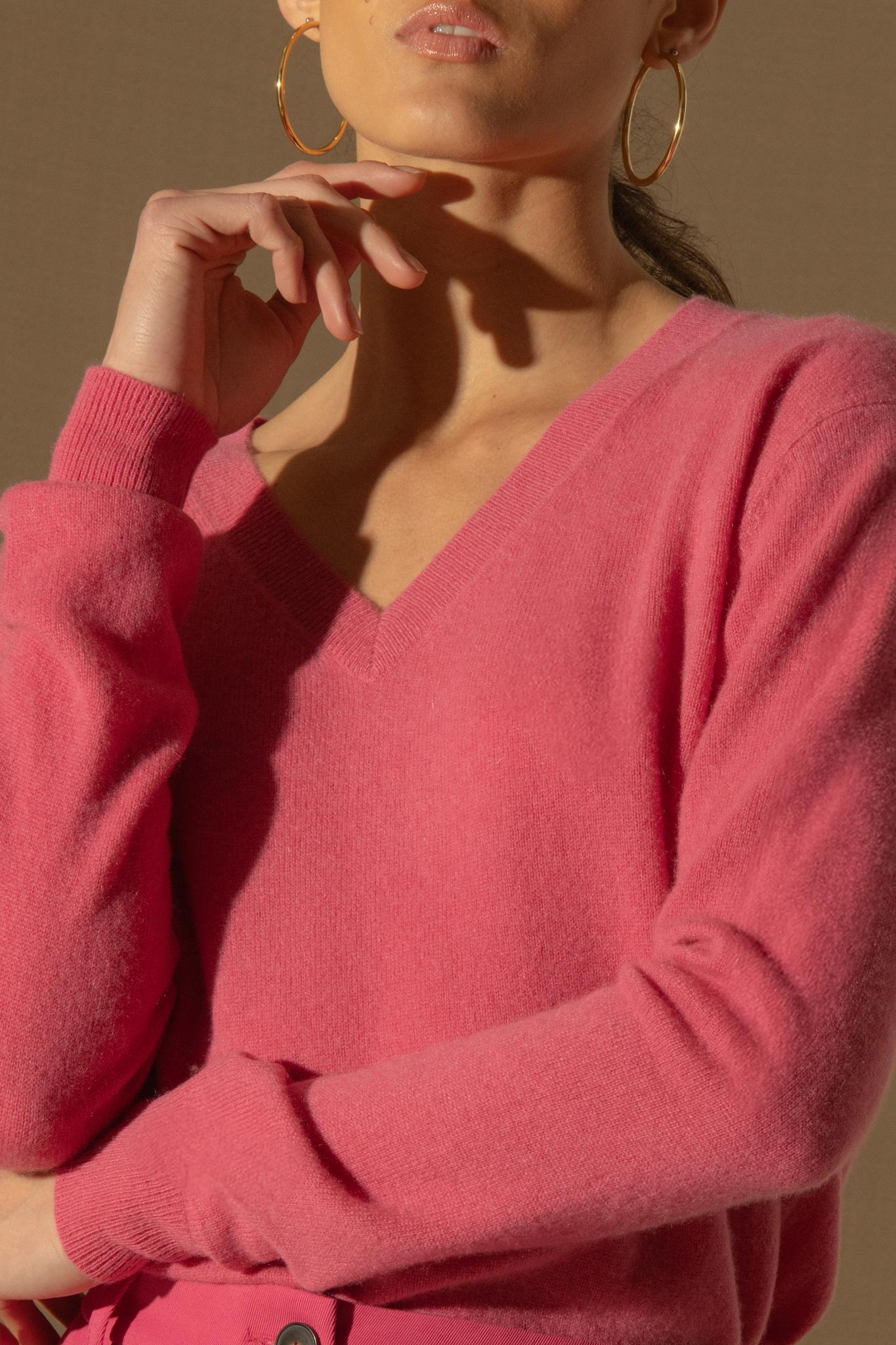 KALIE pull col v  fraise 100% cachemire