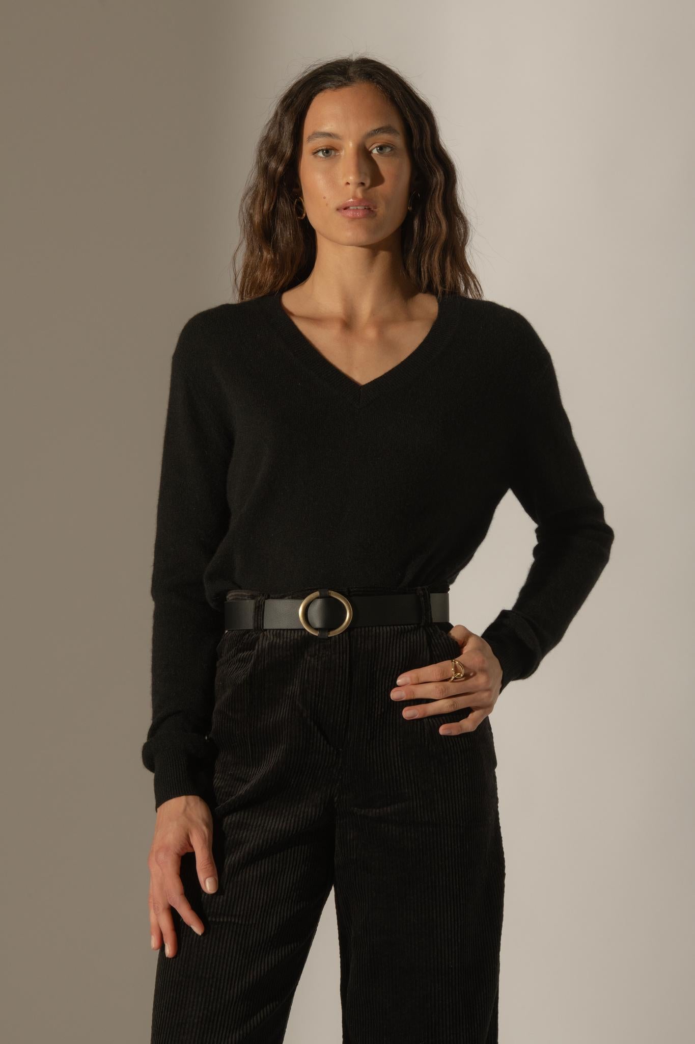 KALIE pull col v  noir 100% cachemire