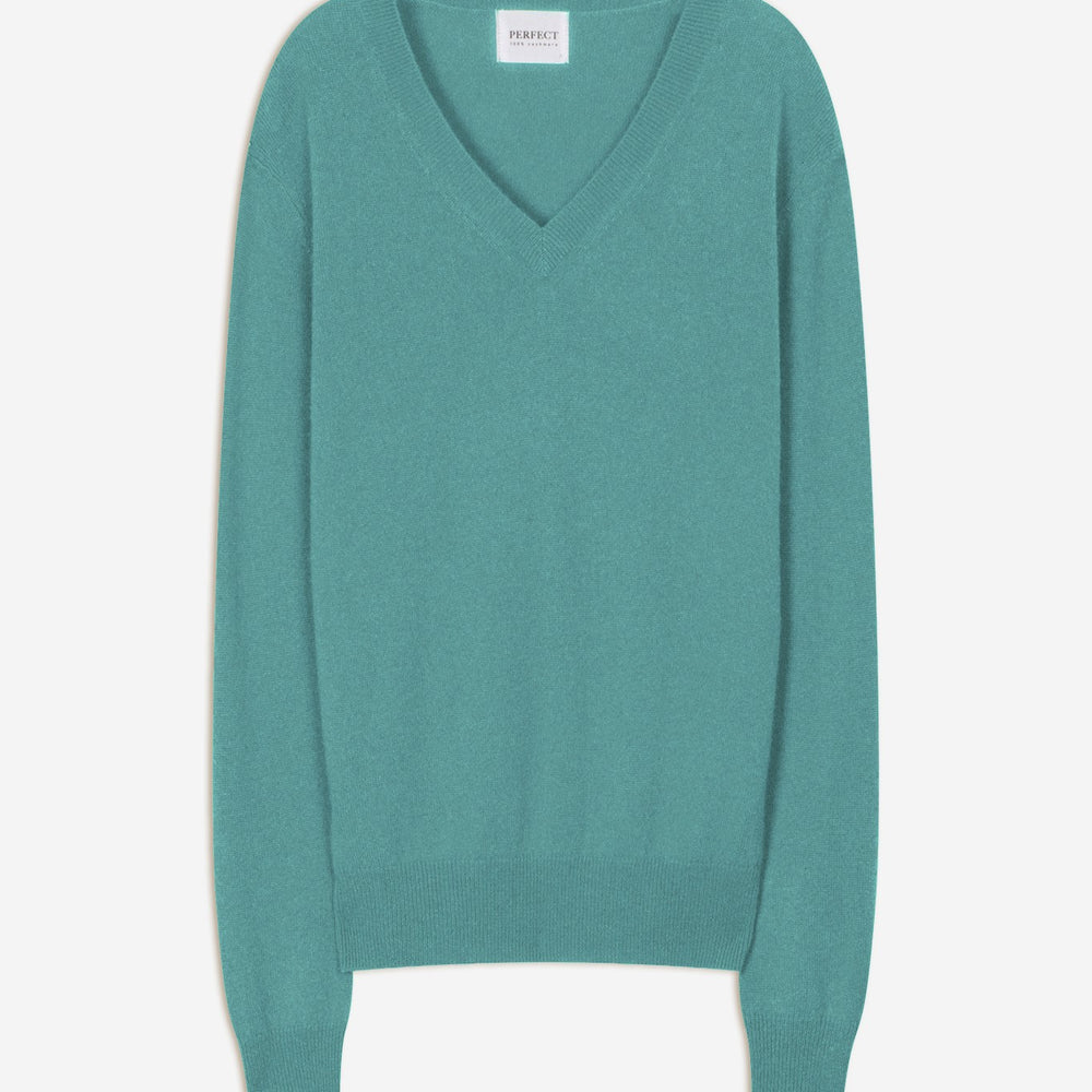 kalie pull col v bleu vert 100% cachemire