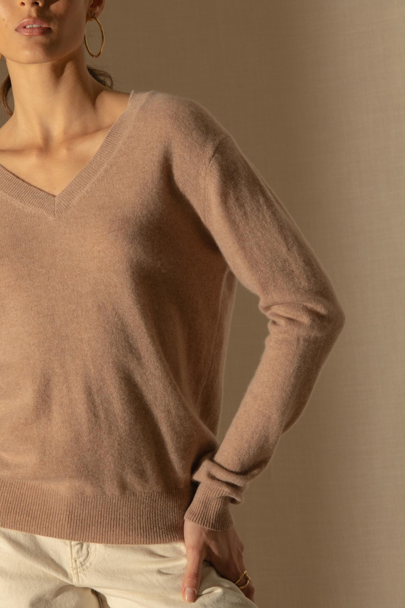 KALIE pull col v camel chiné 100% cachemire