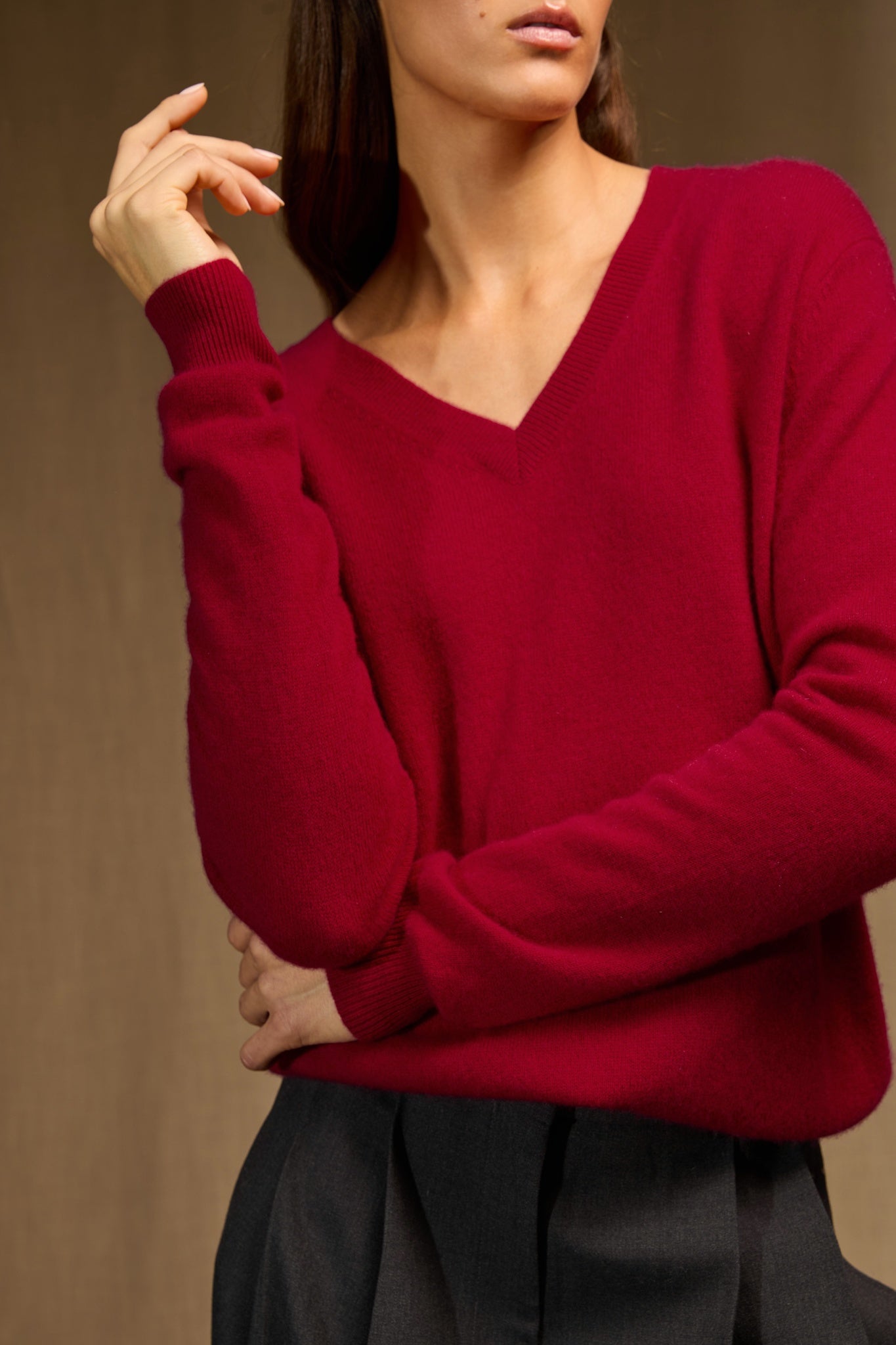 KALIE pull col v framboise 100% cachemire