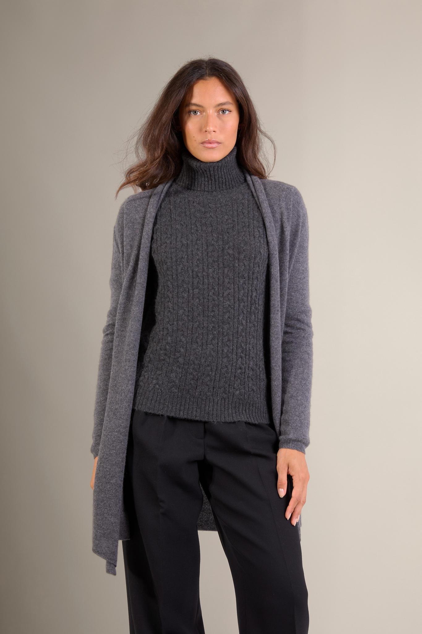 KARA veste longue ouverte col châle anthracite chiné 100% cachemire