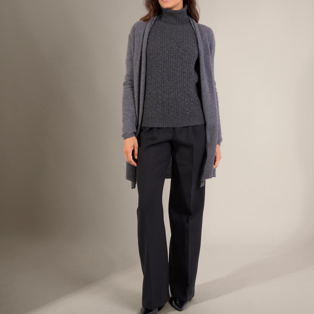 KARA veste longue ouverte col châle anthracite chiné 100% cachemire