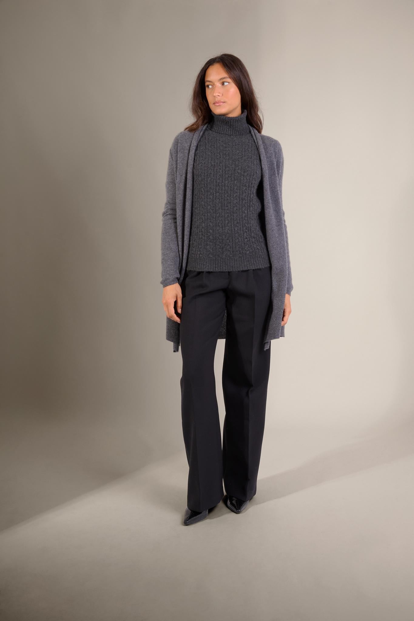 KARA veste longue ouverte col châle anthracite chiné 100% cachemire