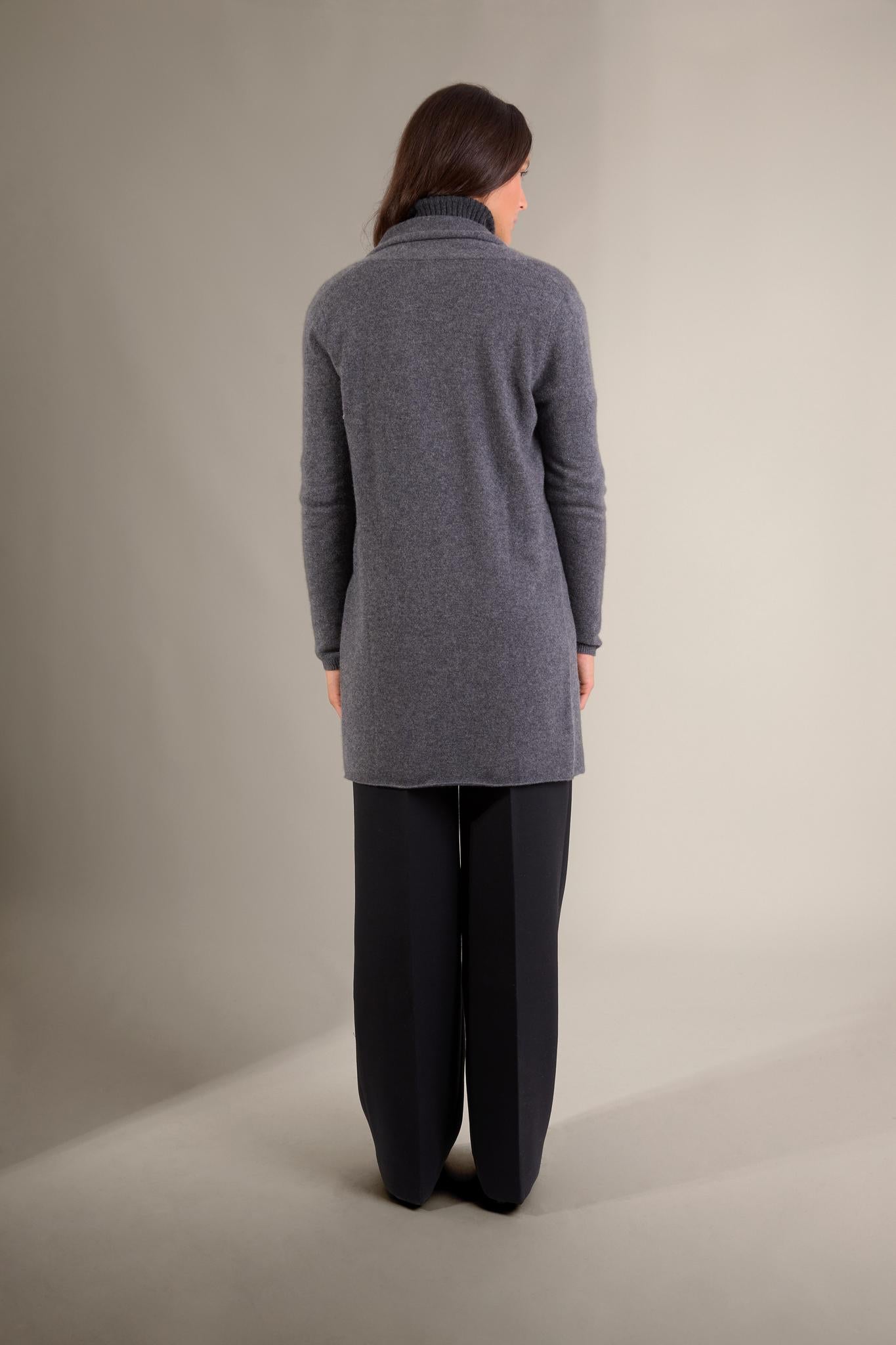 KARA veste longue ouverte col châle anthracite chiné 100% cachemire