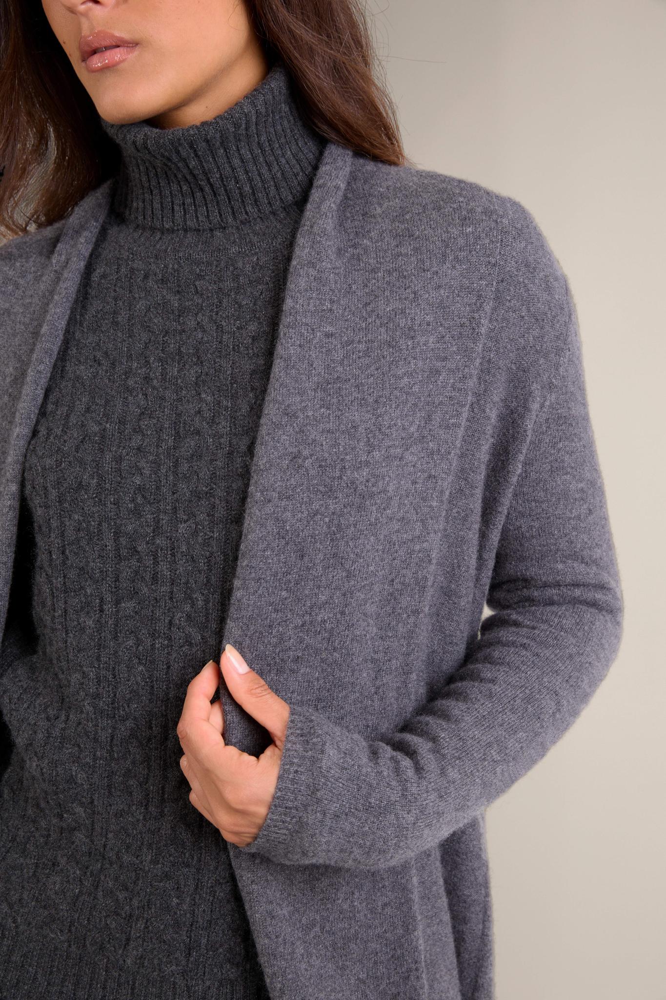 KARA veste longue ouverte col châle anthracite chiné 100% cachemire
