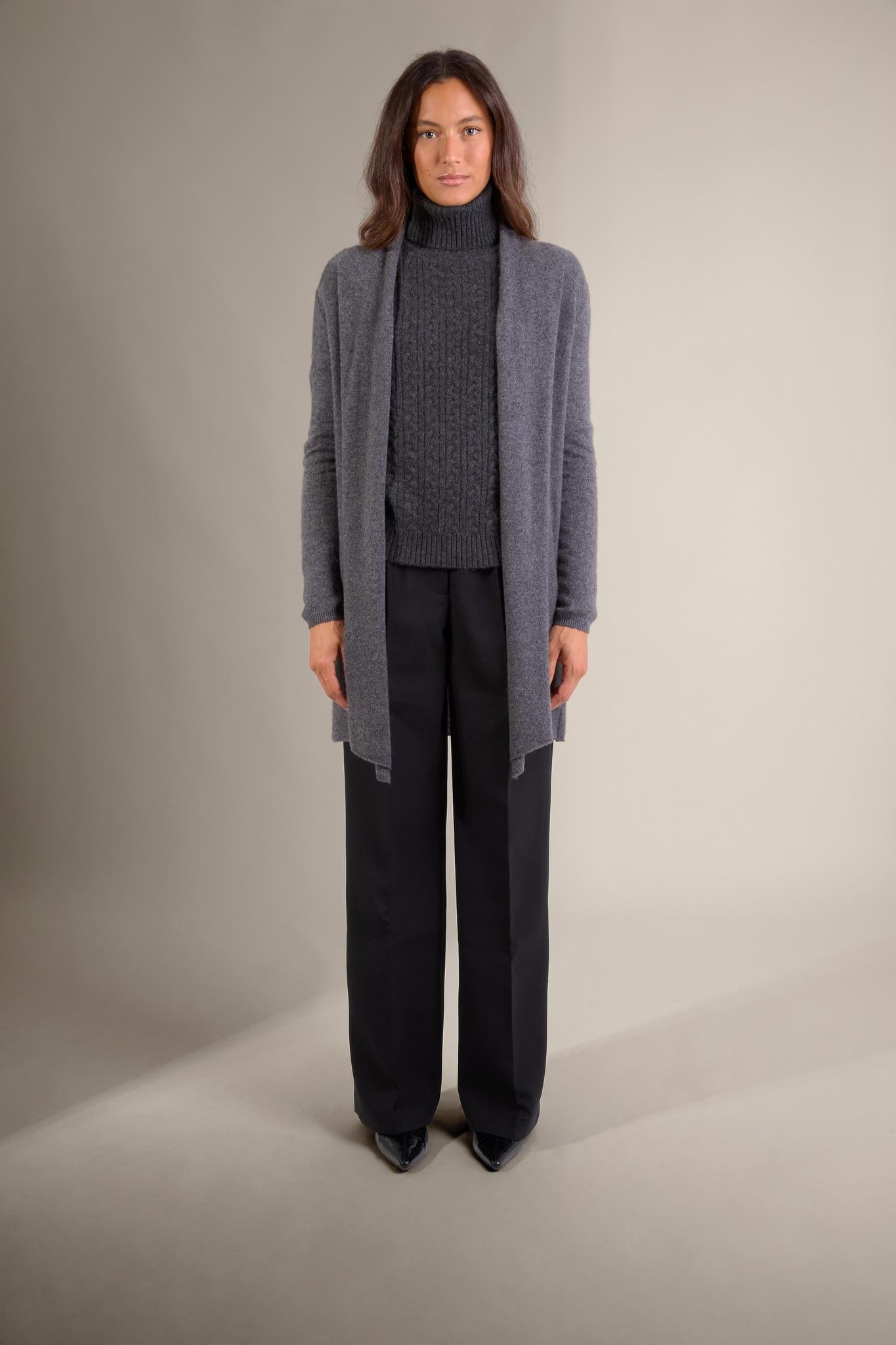 KARA veste longue ouverte col châle anthracite chiné 100% cachemire