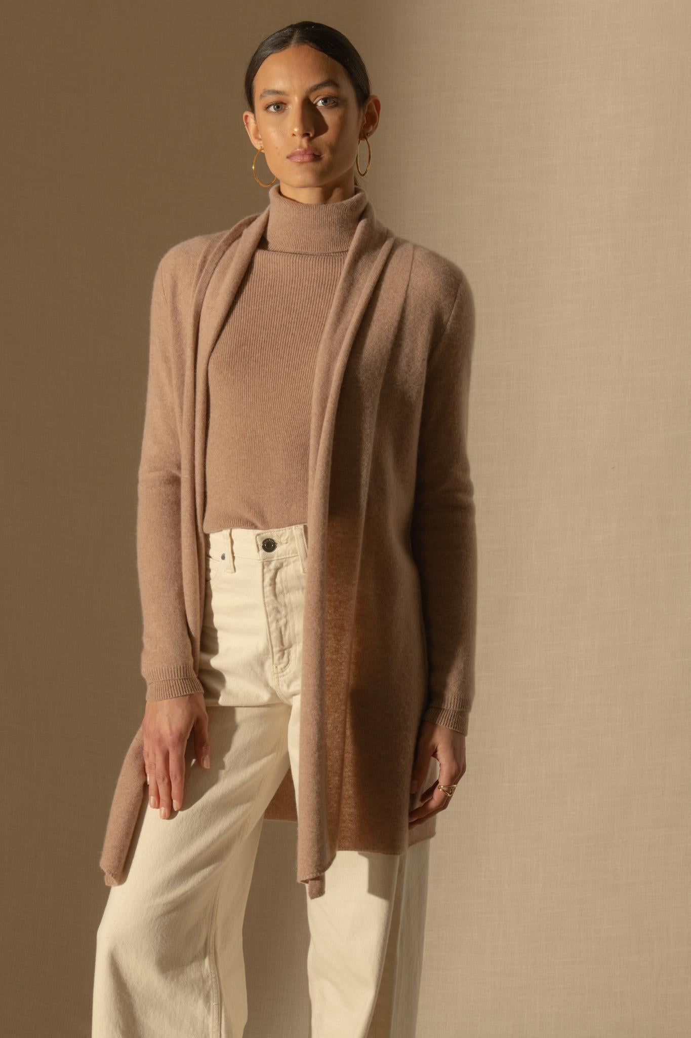 KARA veste longue ouverte col châle camel chiné 100% cachemire