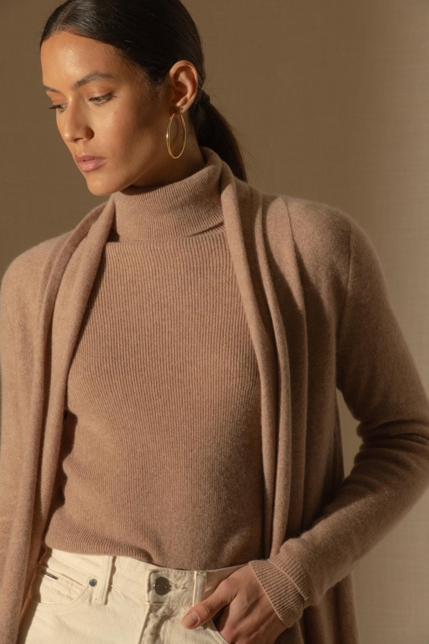 KARA veste longue ouverte col châle camel chiné 100% cachemire