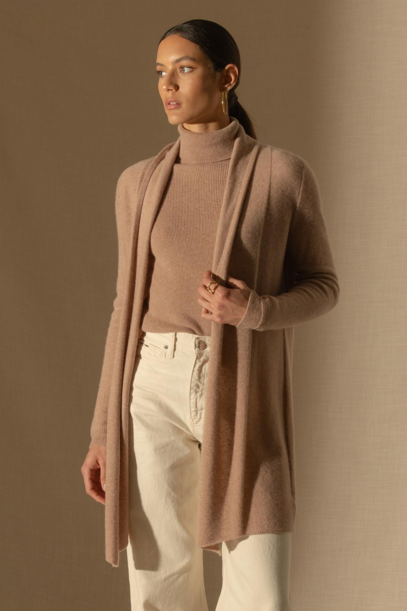 KARA veste longue ouverte col châle camel chiné 100% cachemire