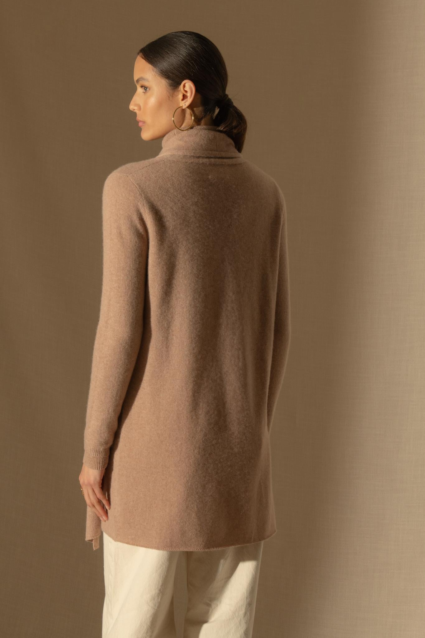 KARA veste longue ouverte col châle camel chiné 100% cachemire