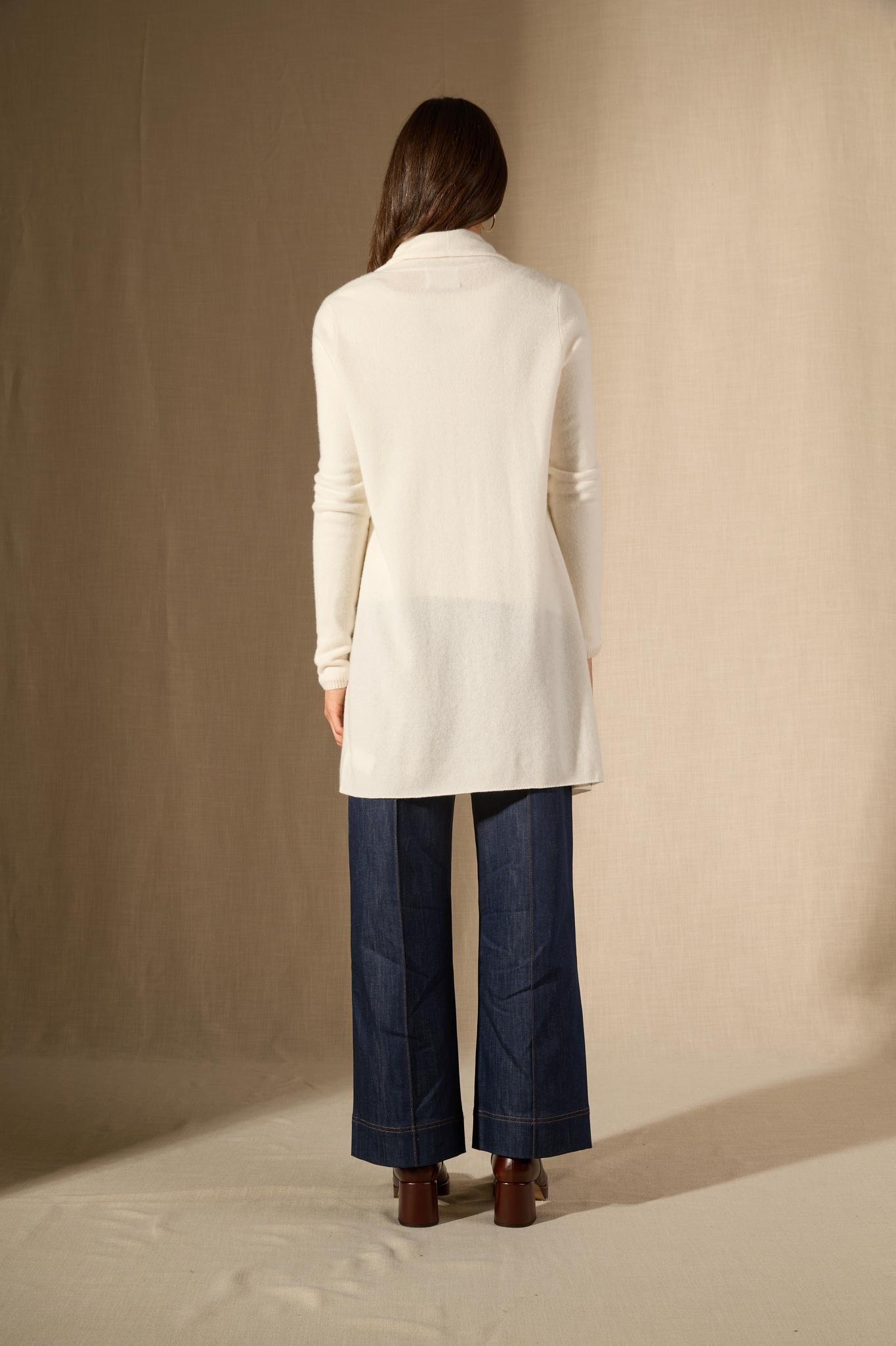 KARA veste longue ouverte col châle ivoire 100% cachemire
