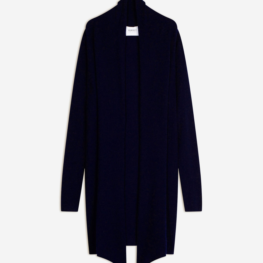 kara veste longue ouverte col châle navy 100% cachemire