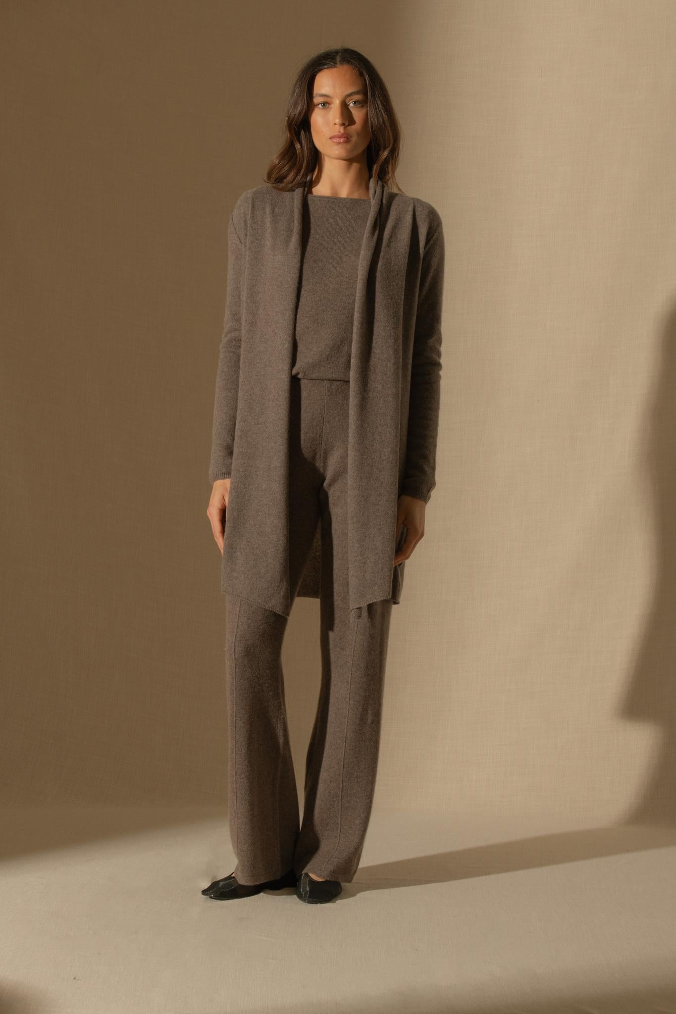 KARA veste longue ouverte col châle taupe chiné 100% cachemire