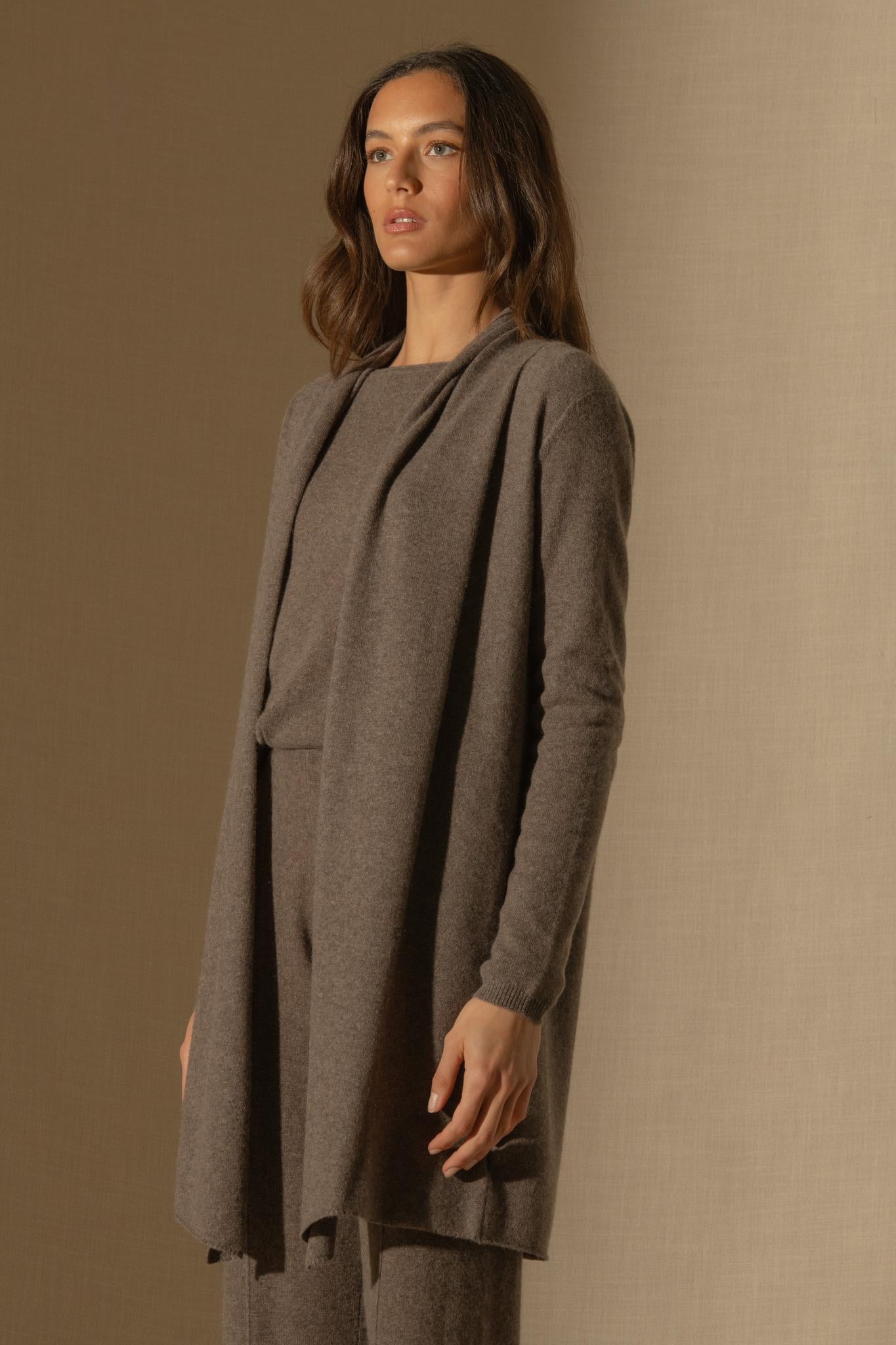 KARA veste longue ouverte col châle taupe chiné 100% cachemire