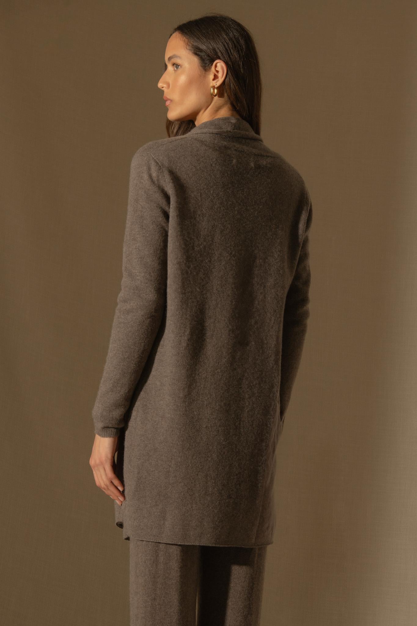 KARA veste longue ouverte col châle taupe chiné 100% cachemire
