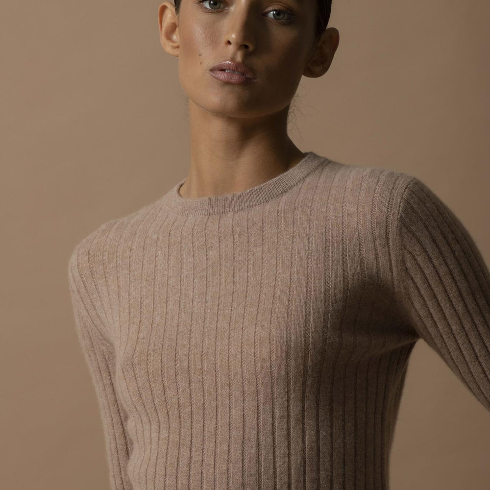 KYLIE  pull col rond camel chiné 100% cachemire