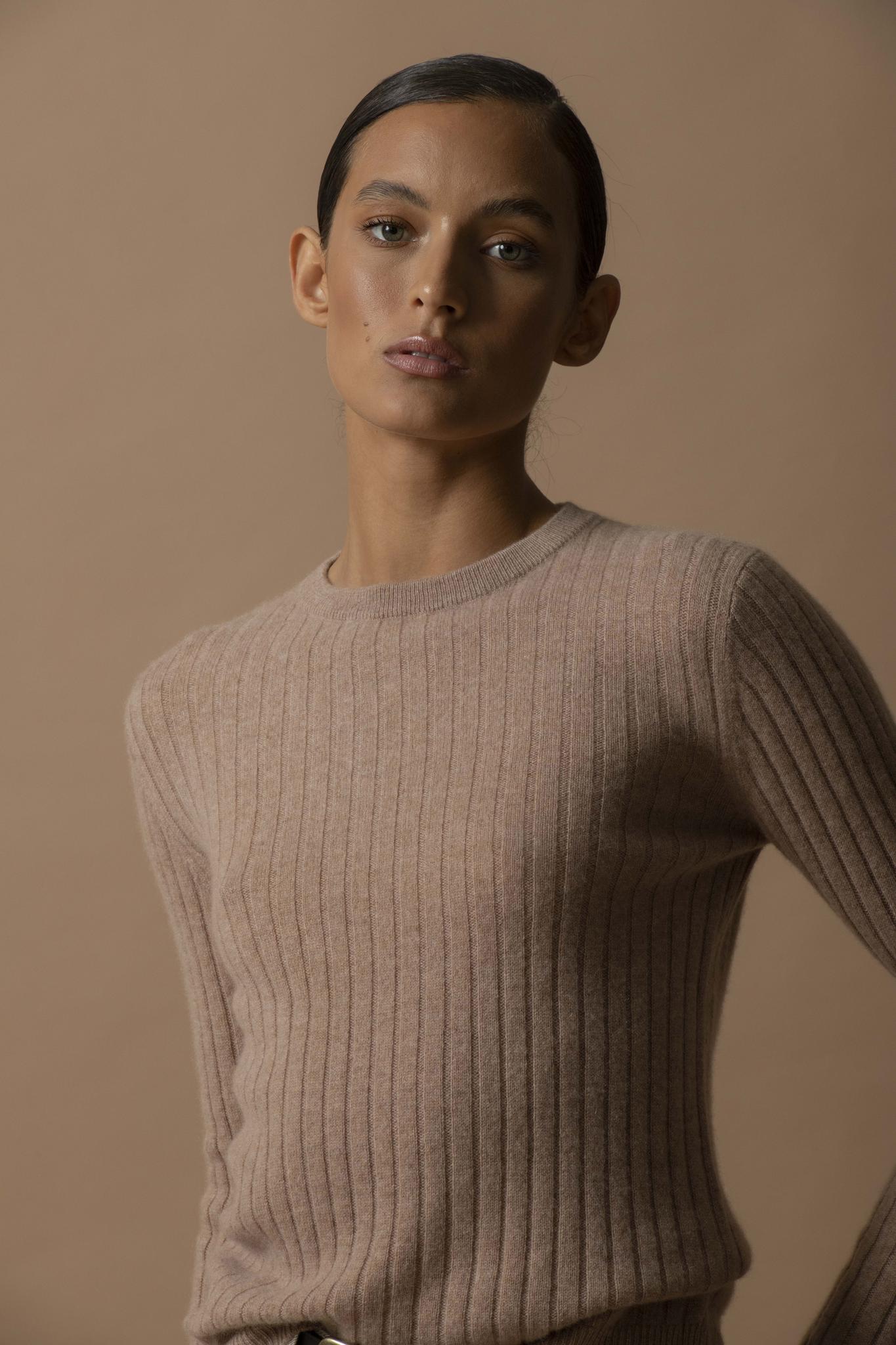 KYLIE  pull col rond camel chiné 100% cachemire