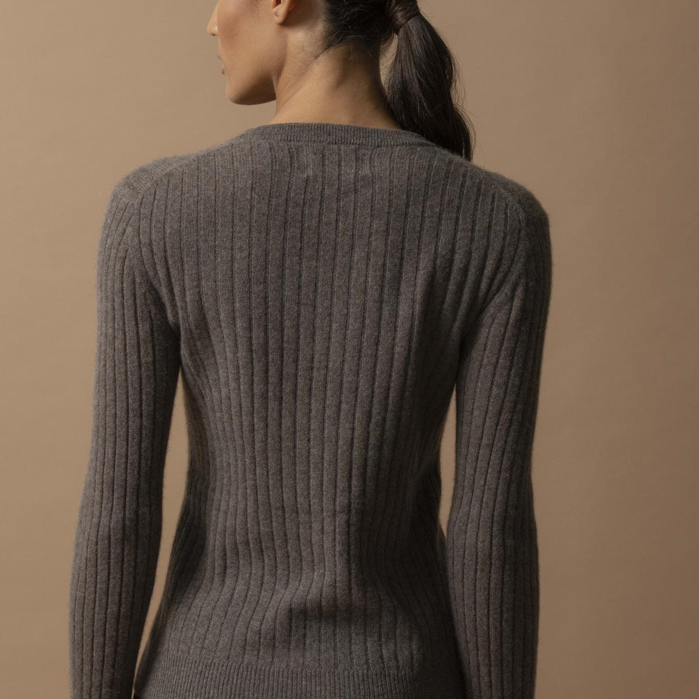 KYLIE  pull col rond taupe chiné 100% cachemire