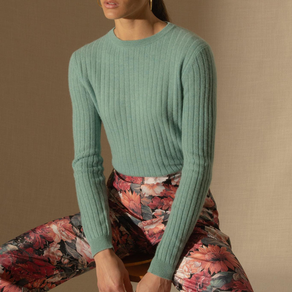 KYLIE  pull col rond vert chiné 100% cachemire