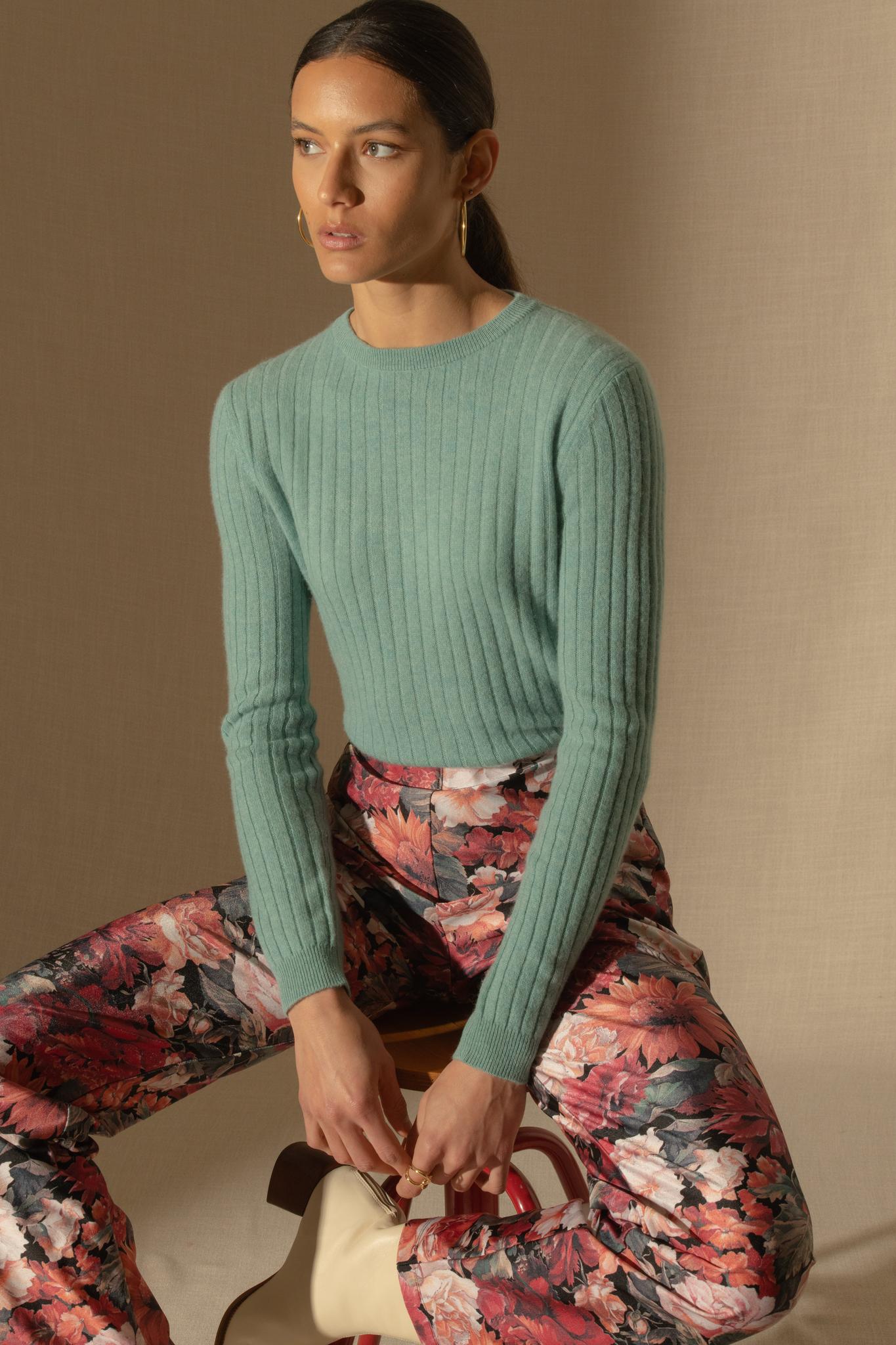 KYLIE  pull col rond vert chiné 100% cachemire