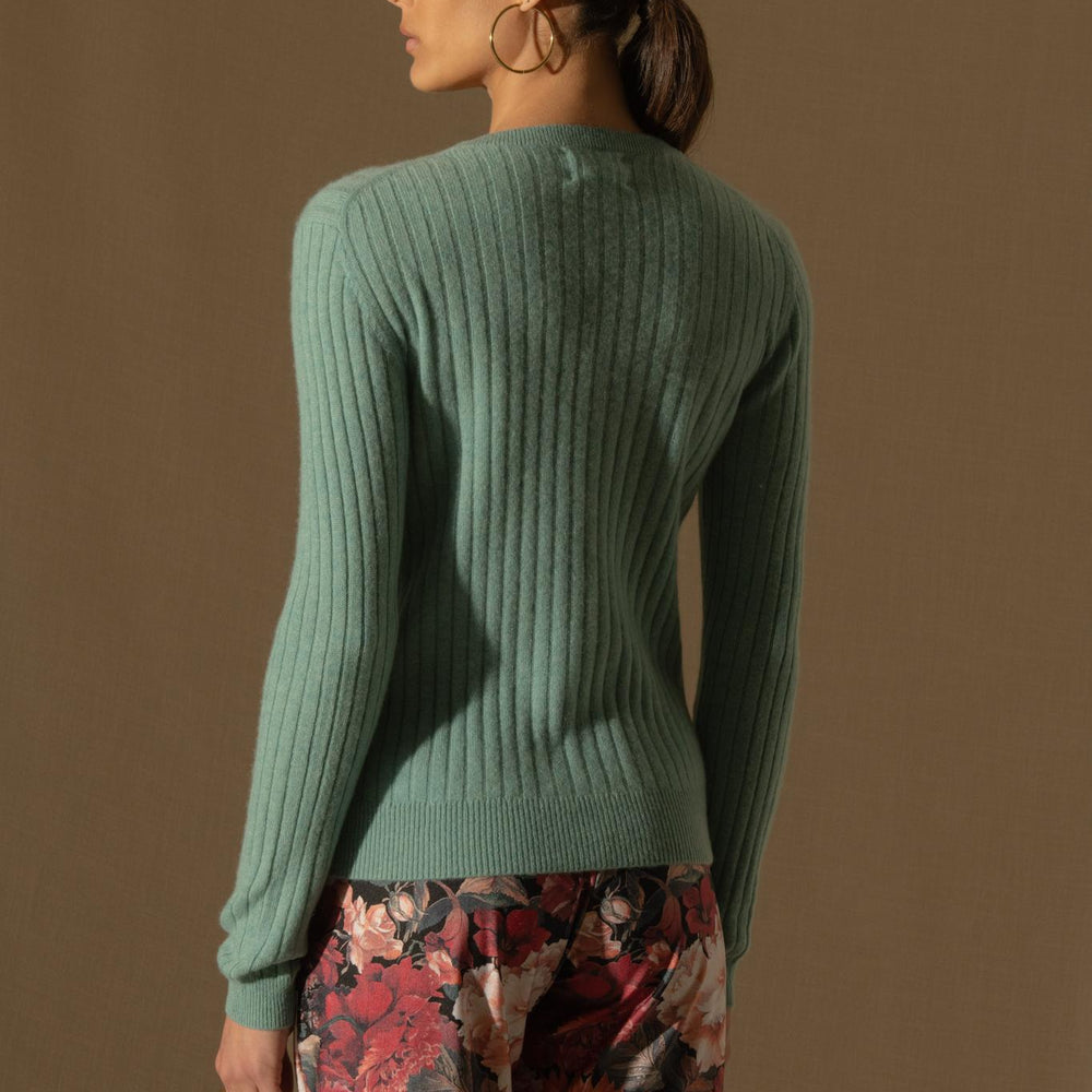 KYLIE  pull col rond vert chiné 100% cachemire