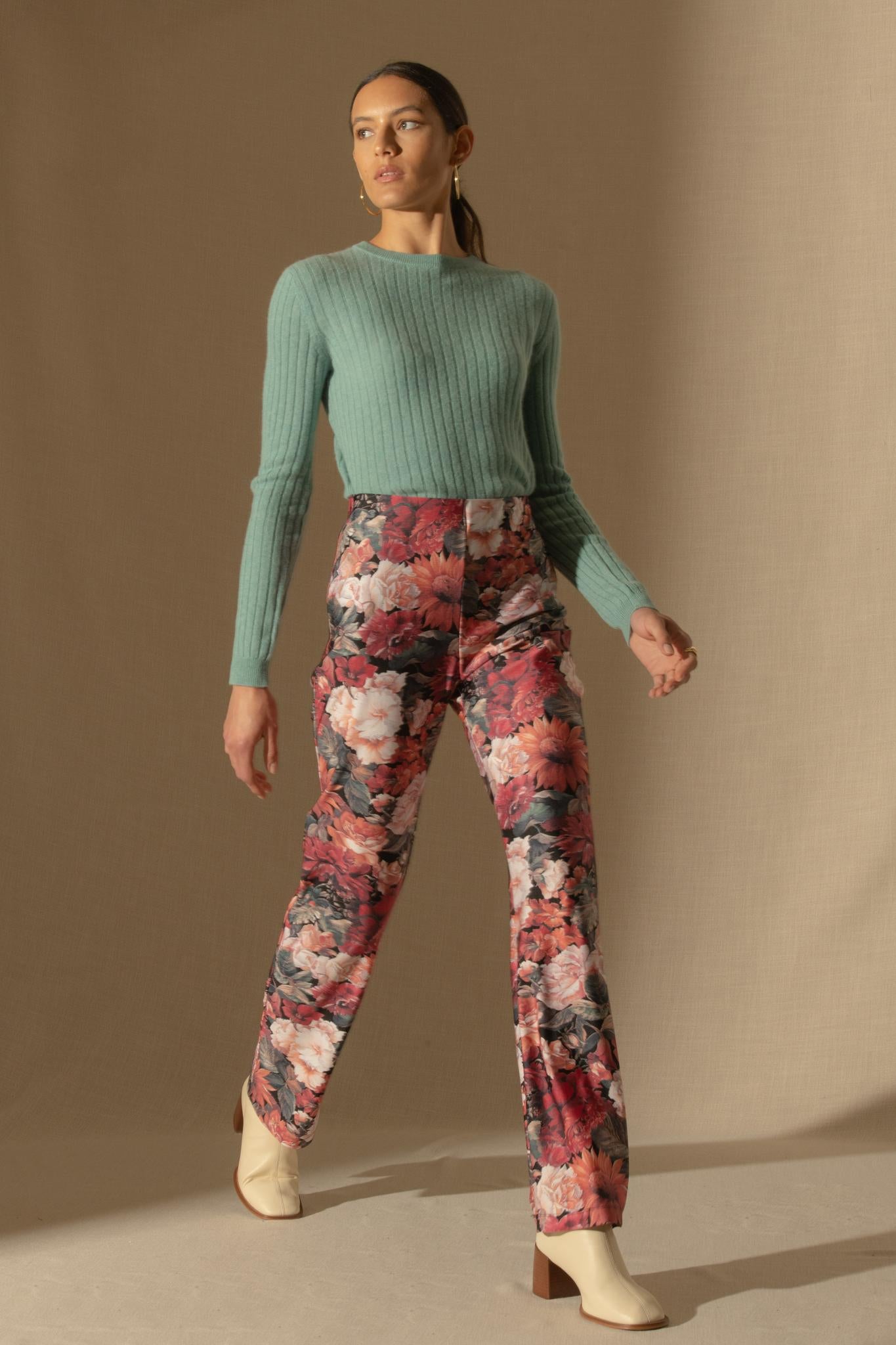 KYLIE  pull col rond vert chiné 100% cachemire