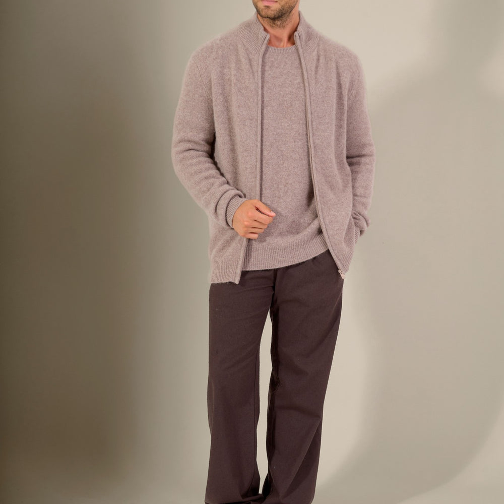 leo gilet zippé col camionneur 4 fils caribou chiné 100% cachemire