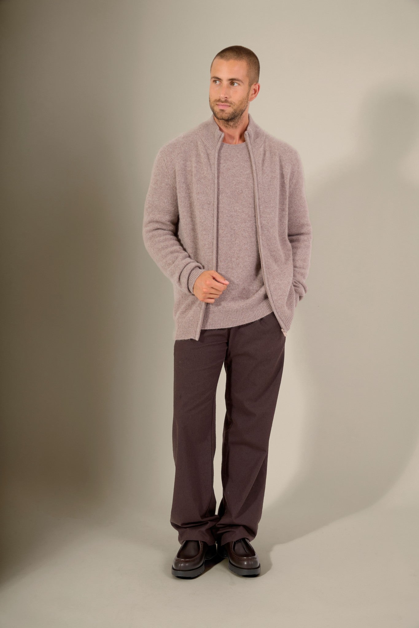 leo gilet zippé col camionneur 4 fils caribou chiné 100% cachemire