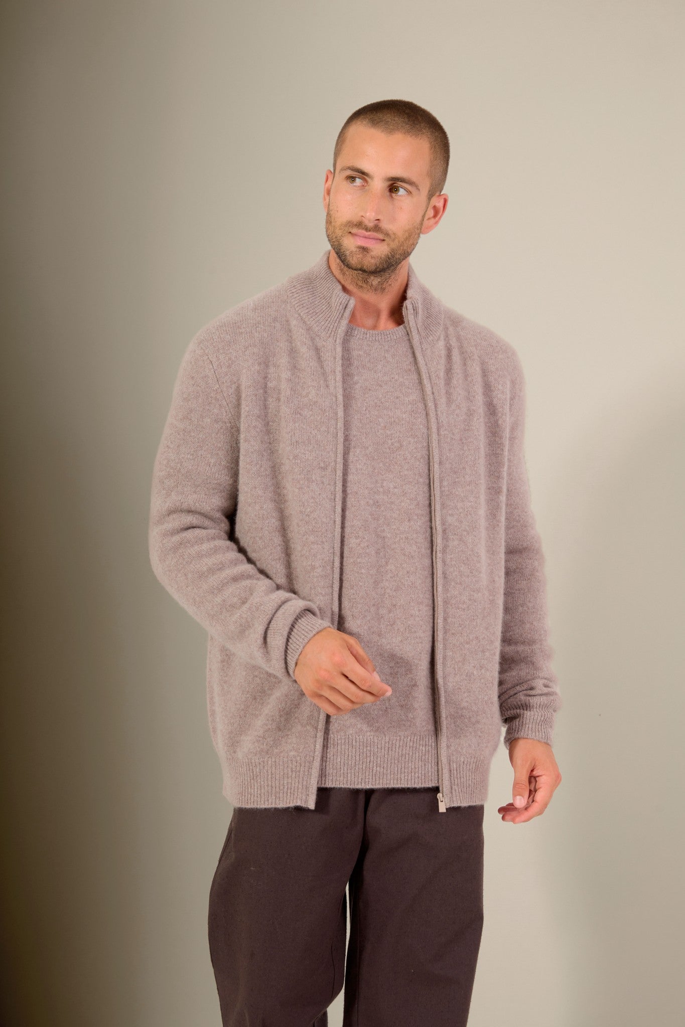 leo gilet zippé col camionneur 4 fils caribou chiné 100% cachemire