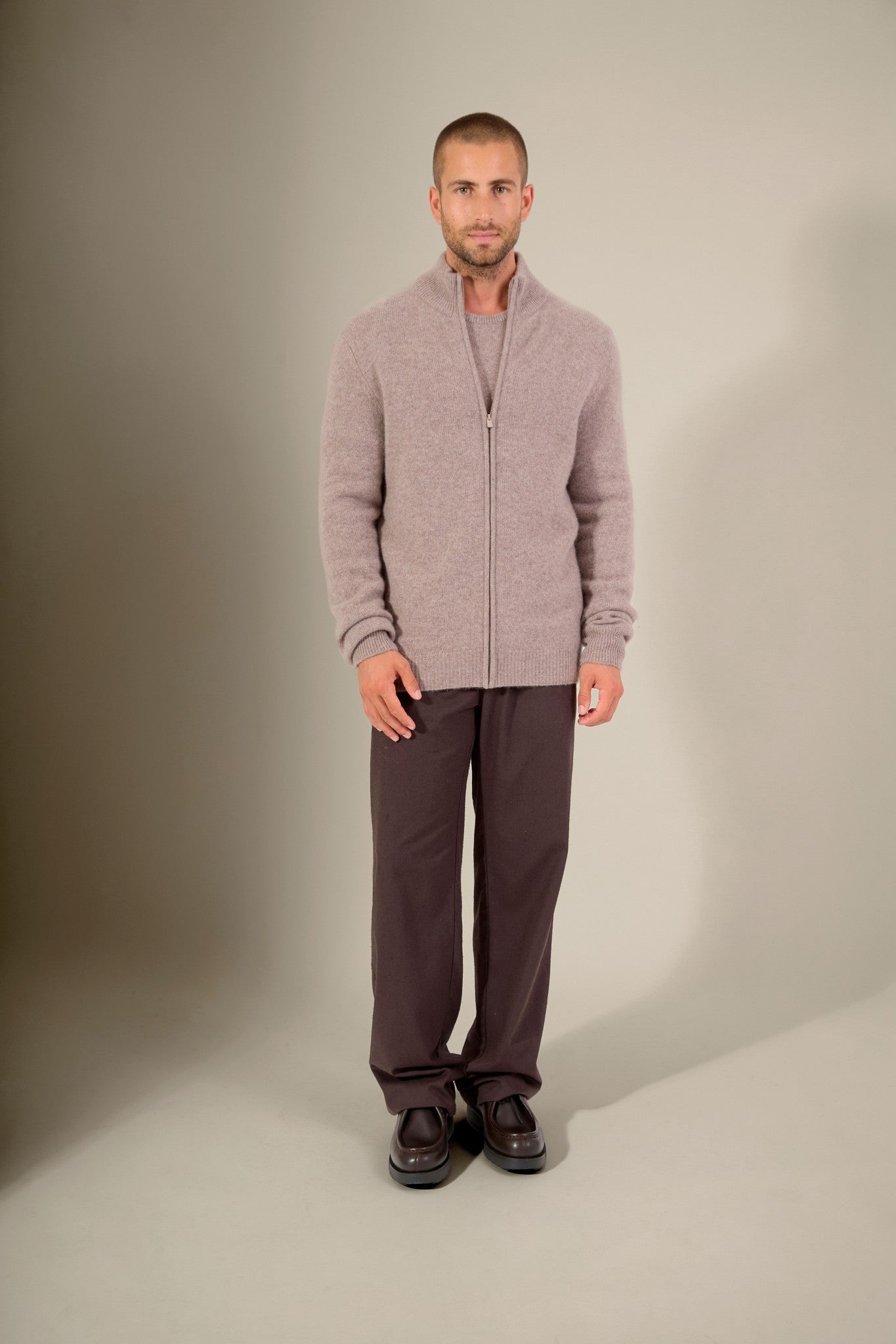 leo gilet zippé col camionneur 4 fils caribou chiné 100% cachemire