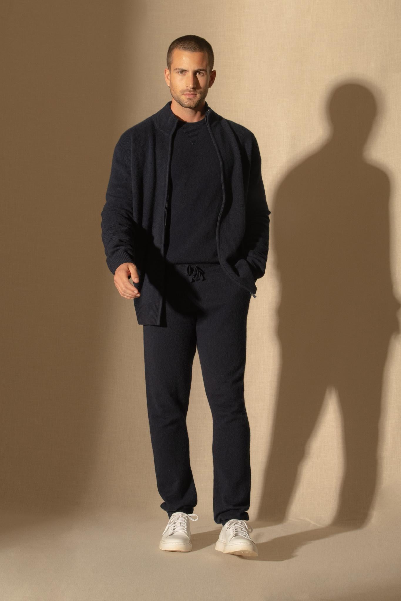 LEO gilet zippé col camionneur 4 fils navy 100% cachemire
