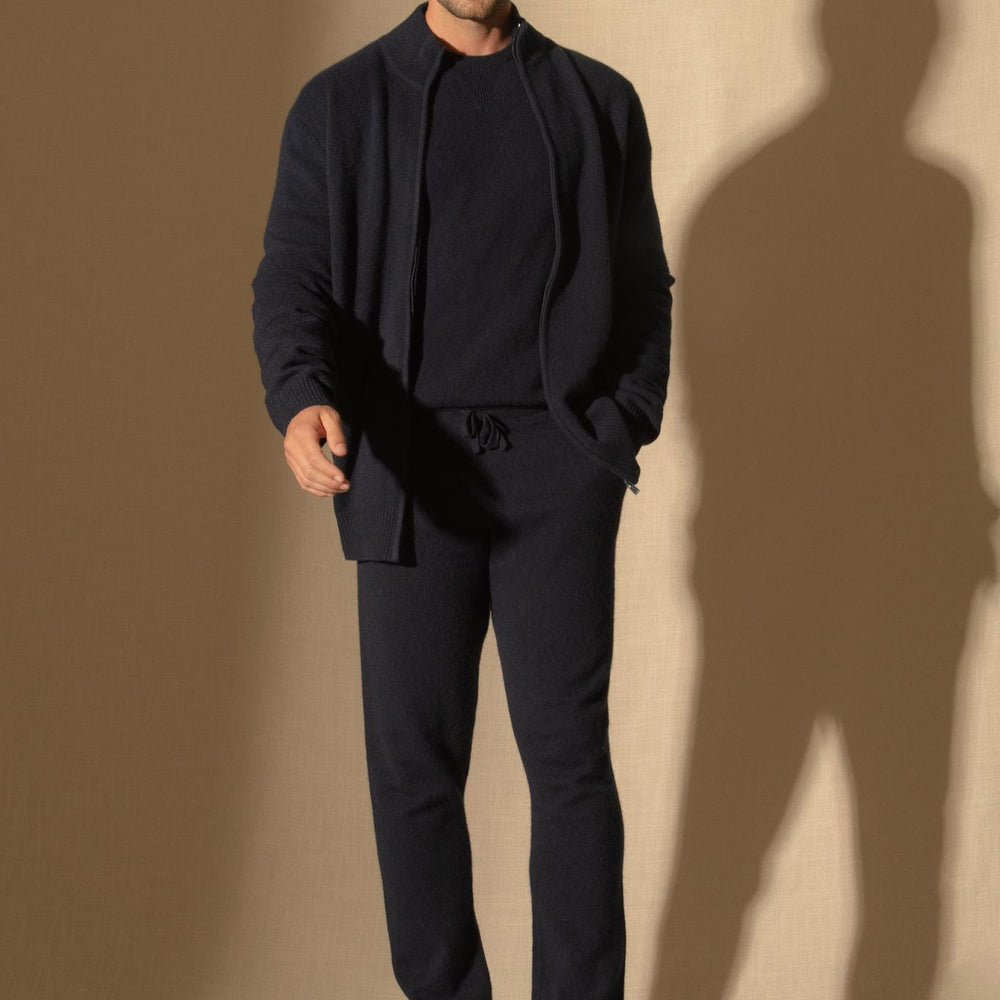LEO gilet zippé col camionneur 4 fils navy 100% cachemire