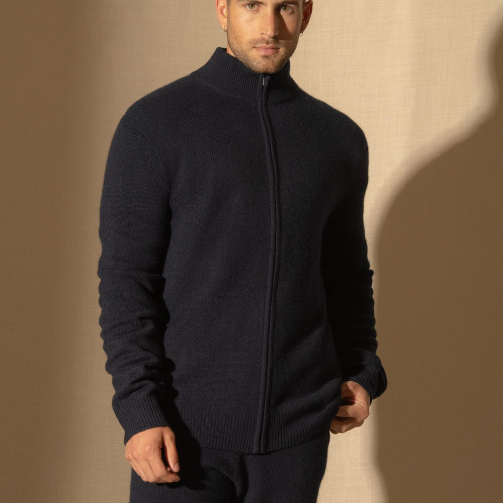 LEO gilet zippé col camionneur 4 fils navy 100% cachemire