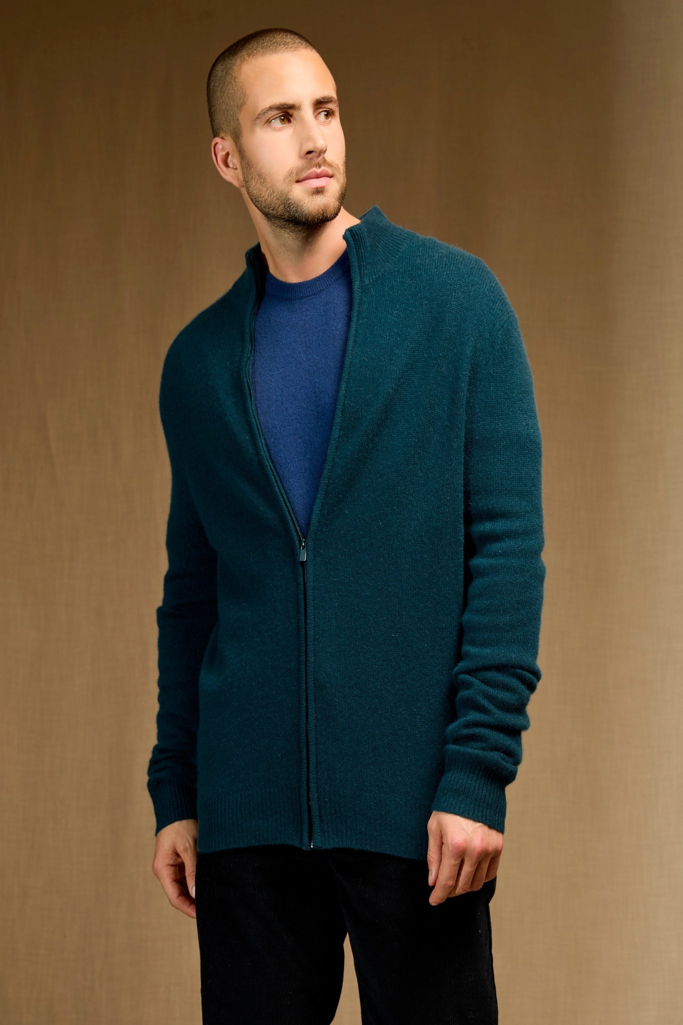 leo gilet zippé col camionneur 4 fils vert canard 100% cachemire