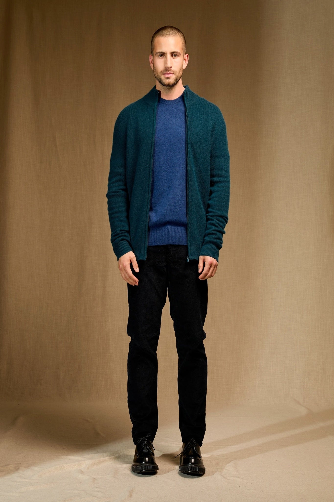 leo gilet zippé col camionneur 4 fils vert canard 100% cachemire