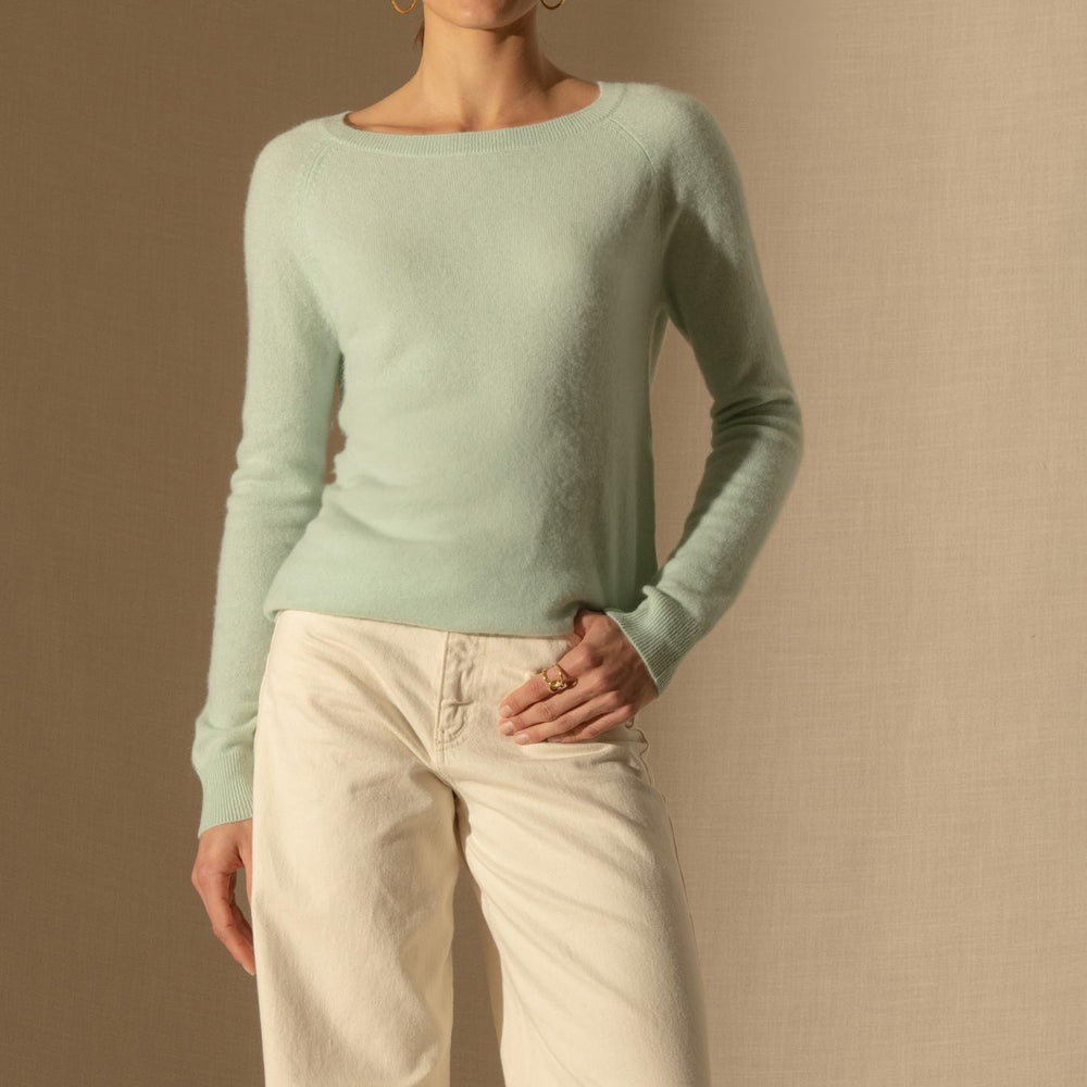 LESLIE pull col bateau goutte dos vert lagon 100% cachemire
