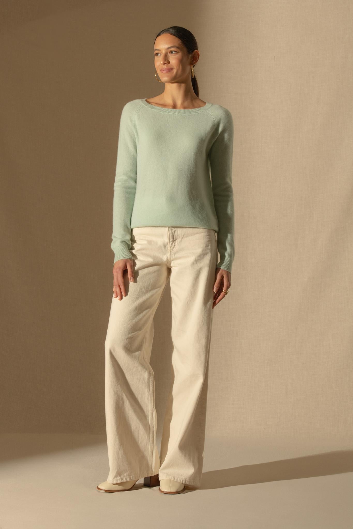 LESLIE pull col bateau goutte dos vert lagon 100% cachemire